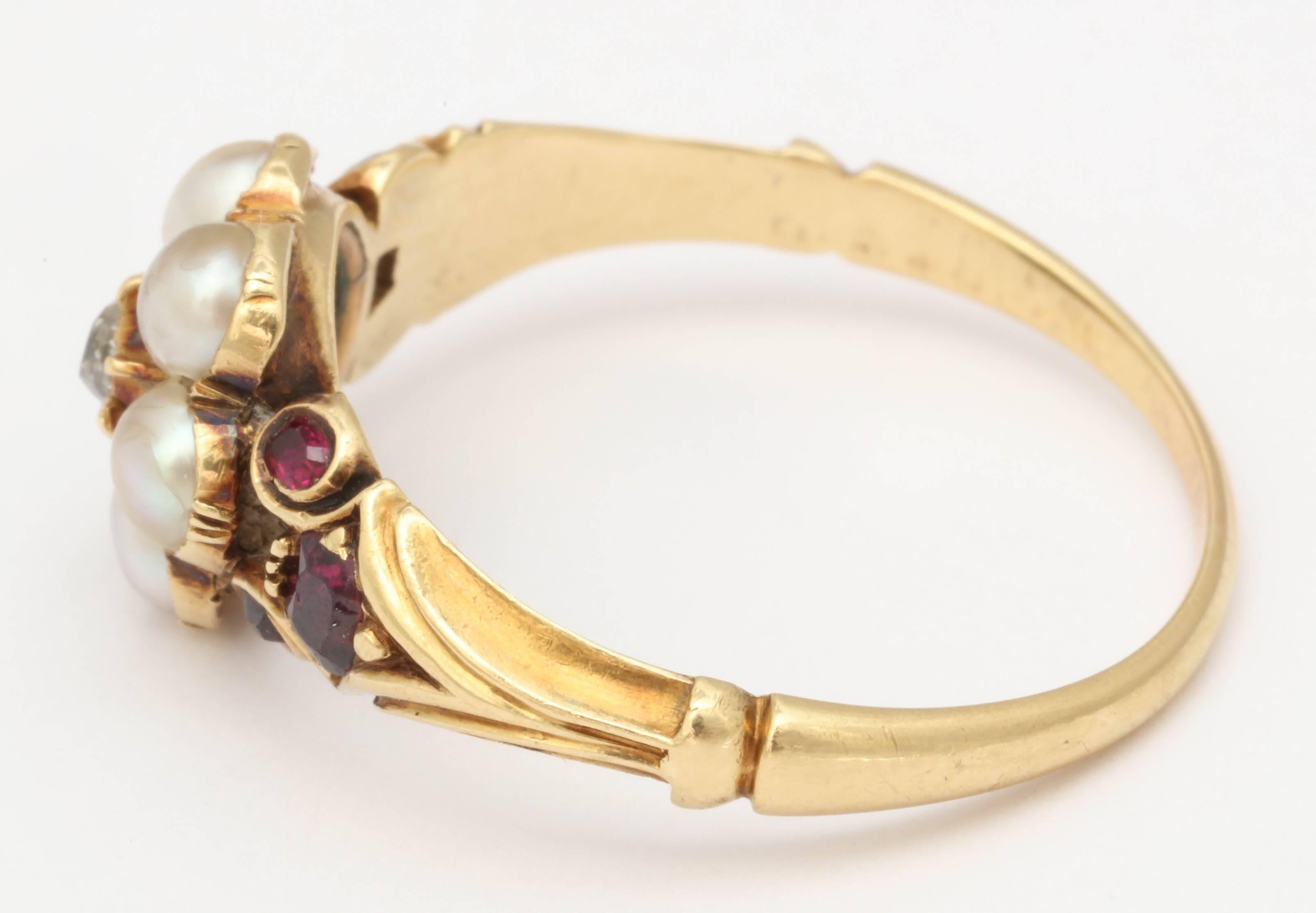 Victorian Natural Pearl Garnet Diamond Gold Scrolled Shank Ring 1
