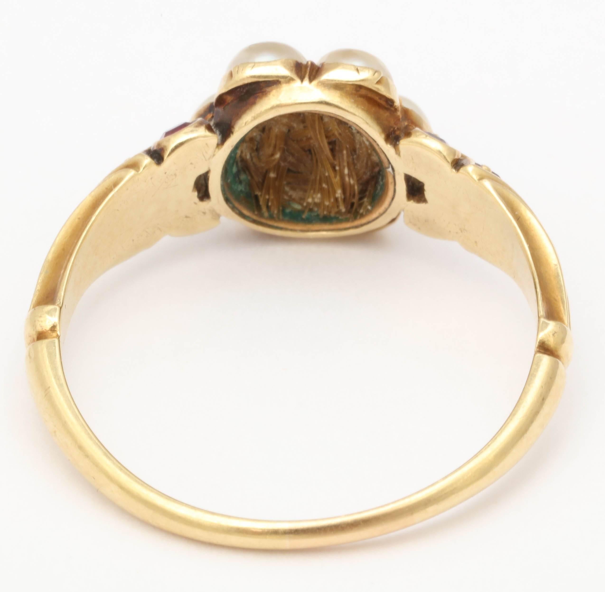 Victorian Natural Pearl Garnet Diamond Gold Scrolled Shank Ring 2