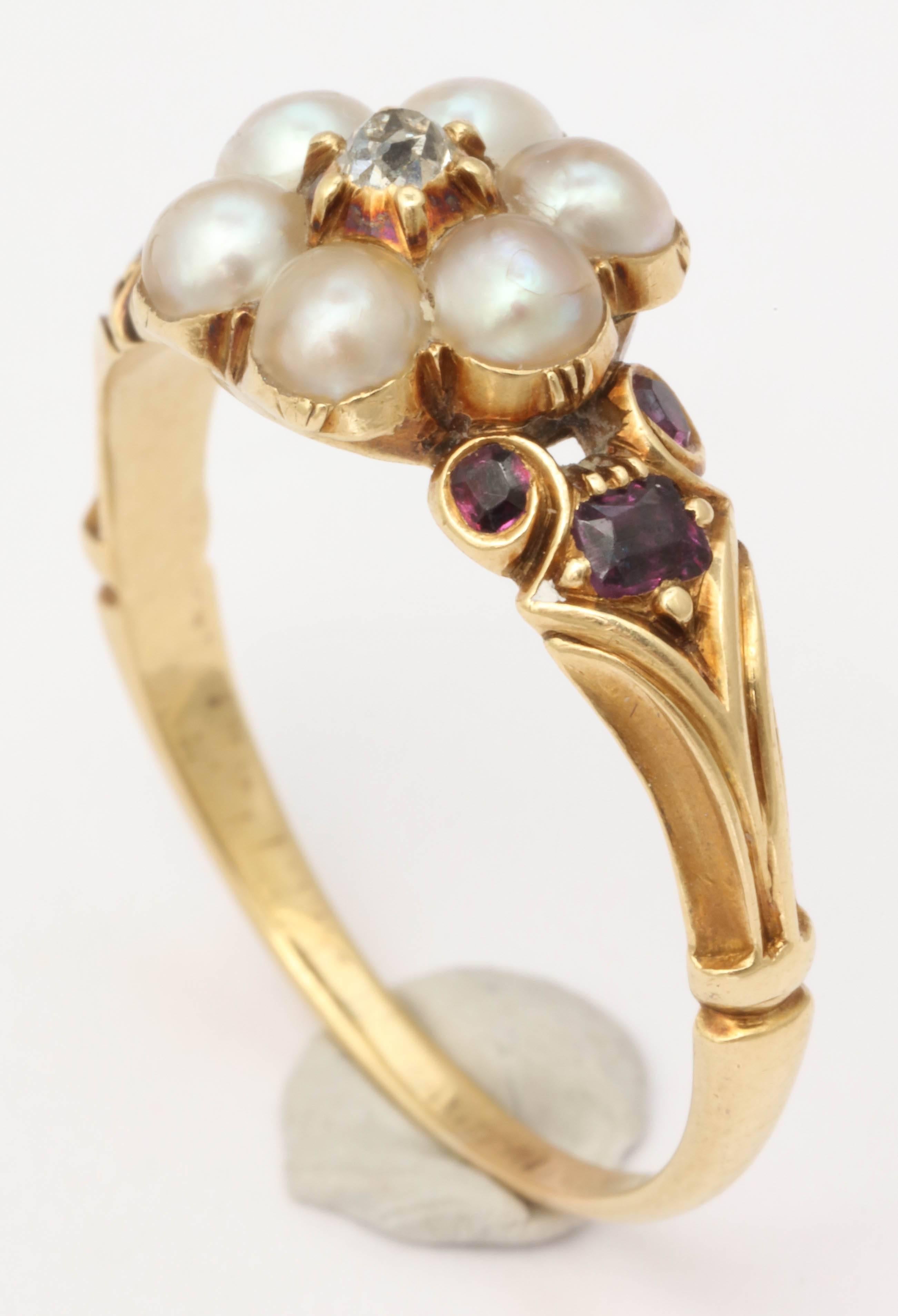 Victorian Natural Pearl Garnet Diamond Gold Scrolled Shank Ring 3