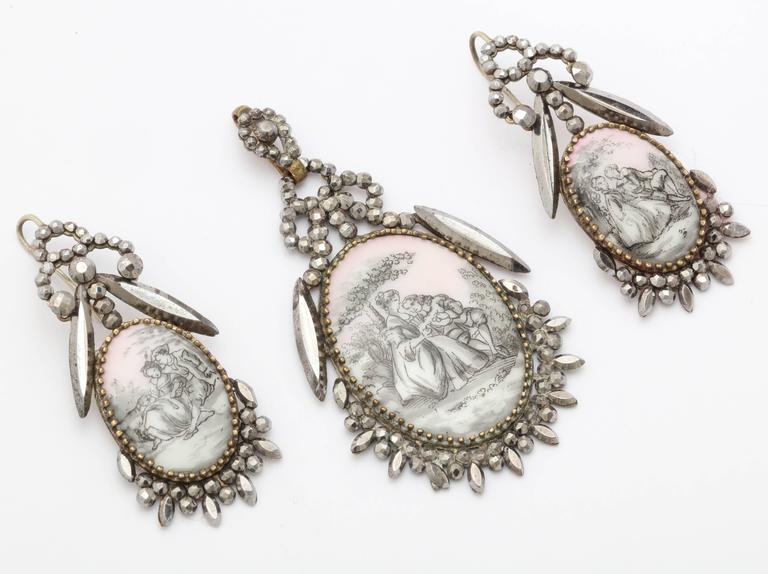 George V Rare Georgian Romantic Pendant and Earrings in Cut Steel For Sale