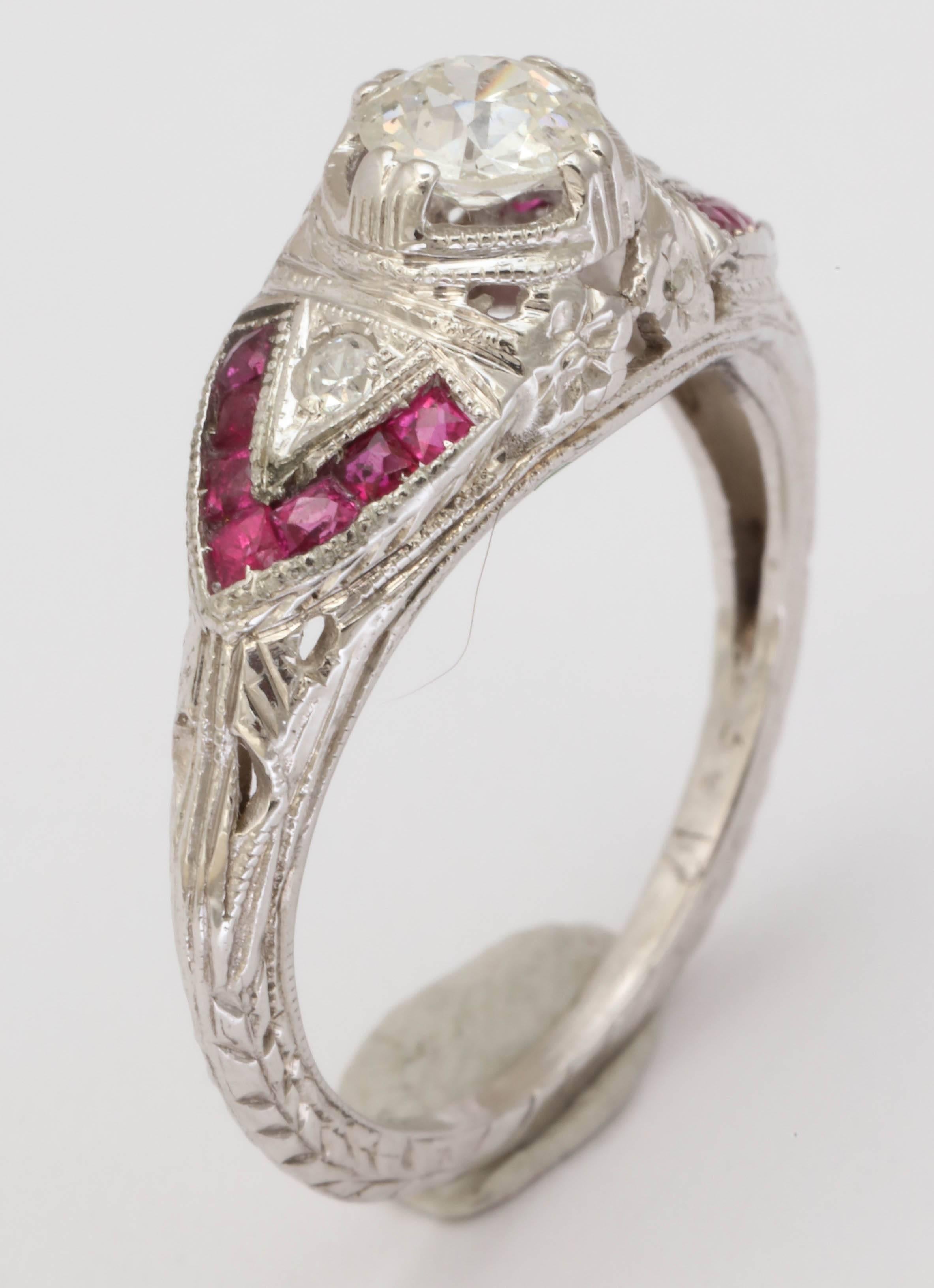 Old European Cut Natural Ruby and Diamond Art Deco Ring
