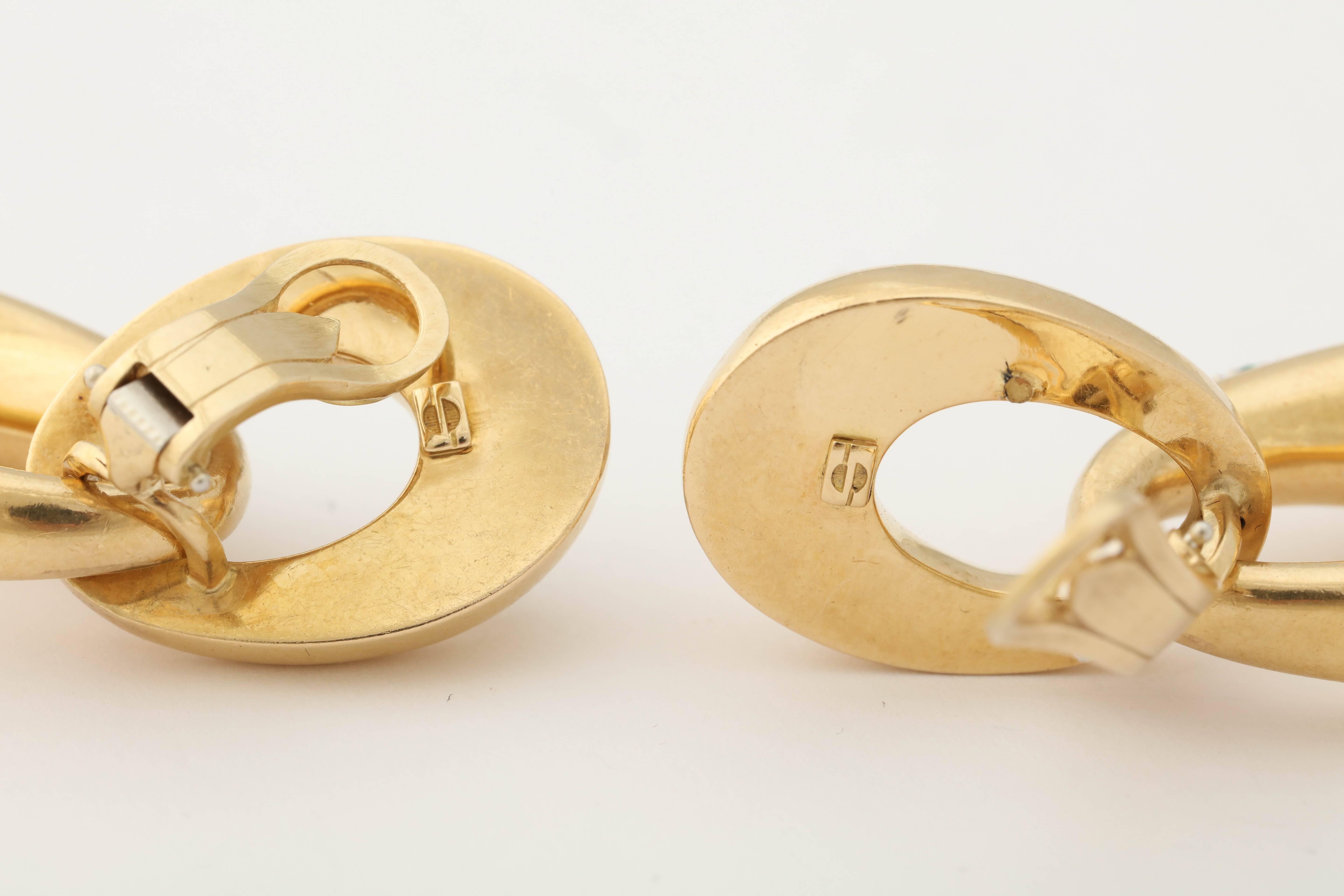 Women's 1960s Emerald Diamond Gold Double Loop Doorknocker Earrings