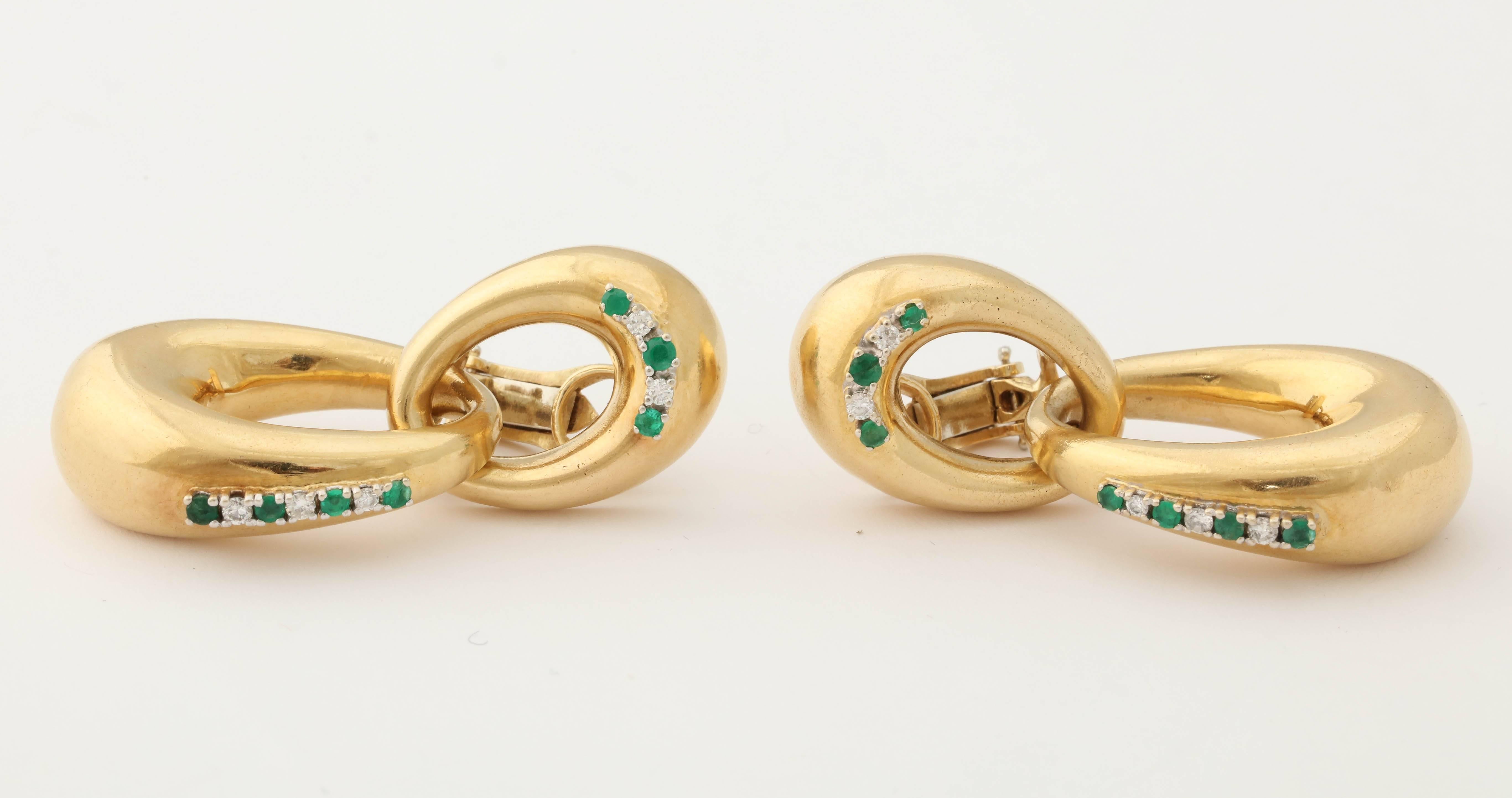 1960s Emerald Diamond Gold Double Loop Doorknocker Earrings 2