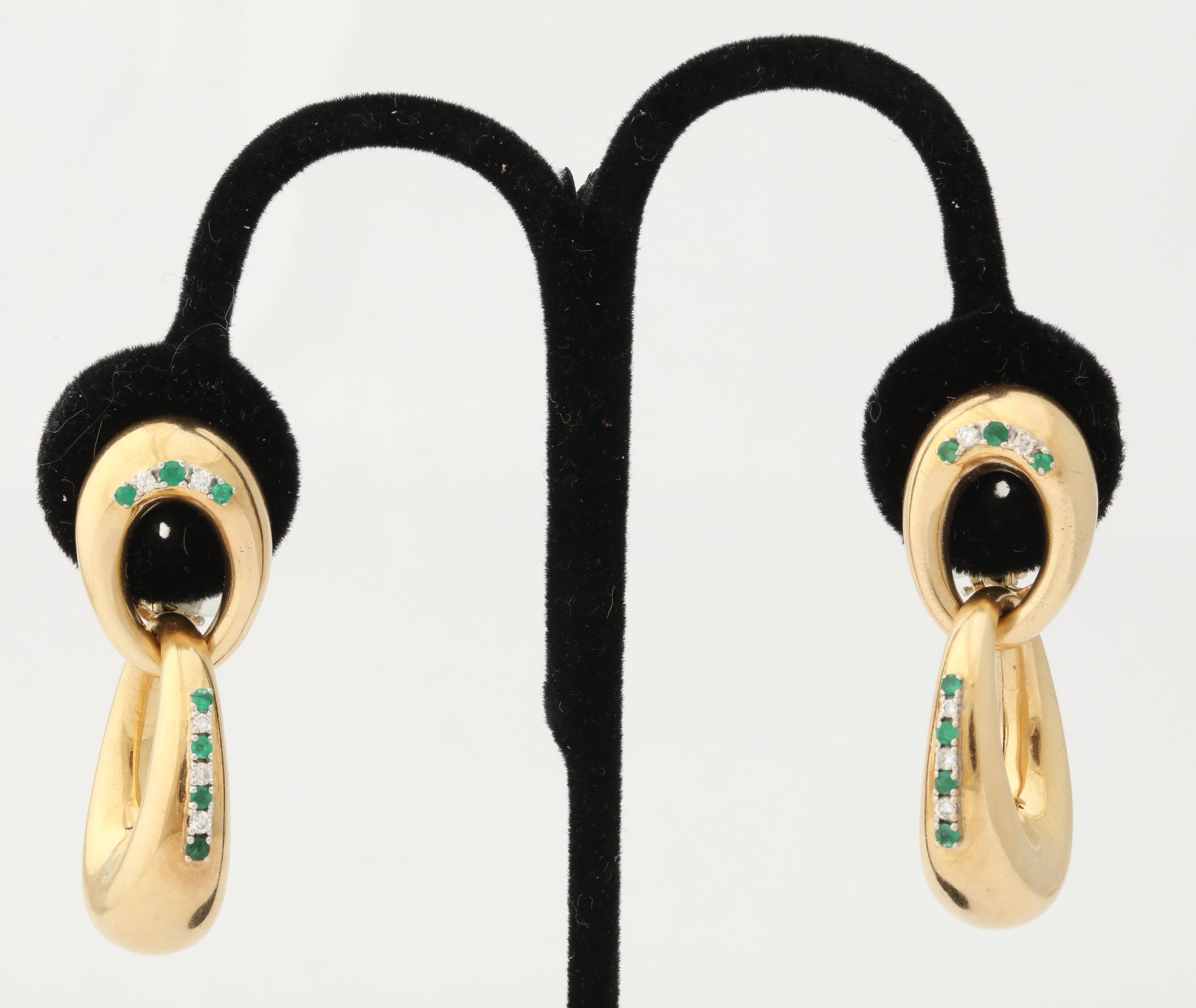 1960s Emerald Diamond Gold Double Loop Doorknocker Earrings 3
