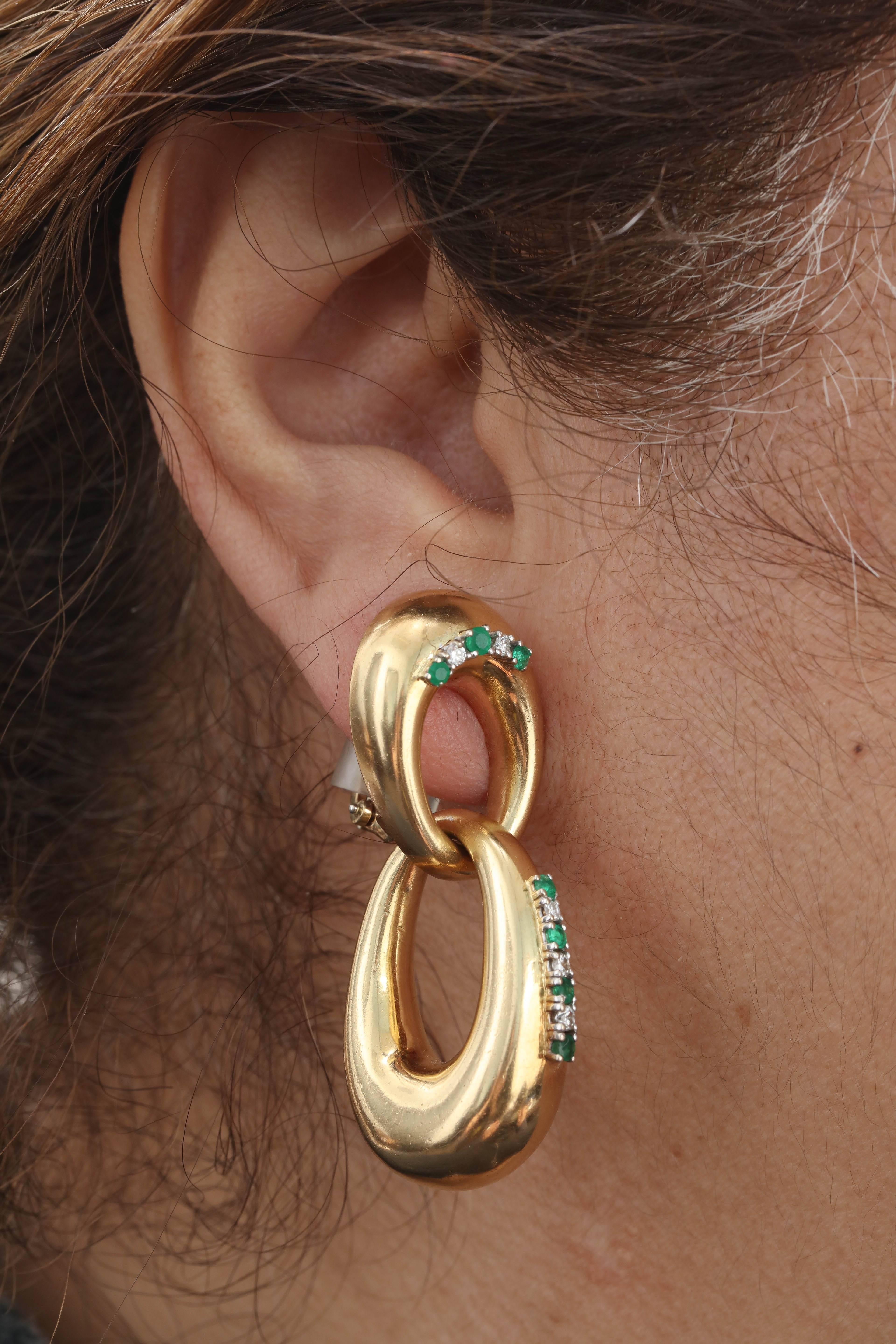 1960s Emerald Diamond Gold Double Loop Doorknocker Earrings 4