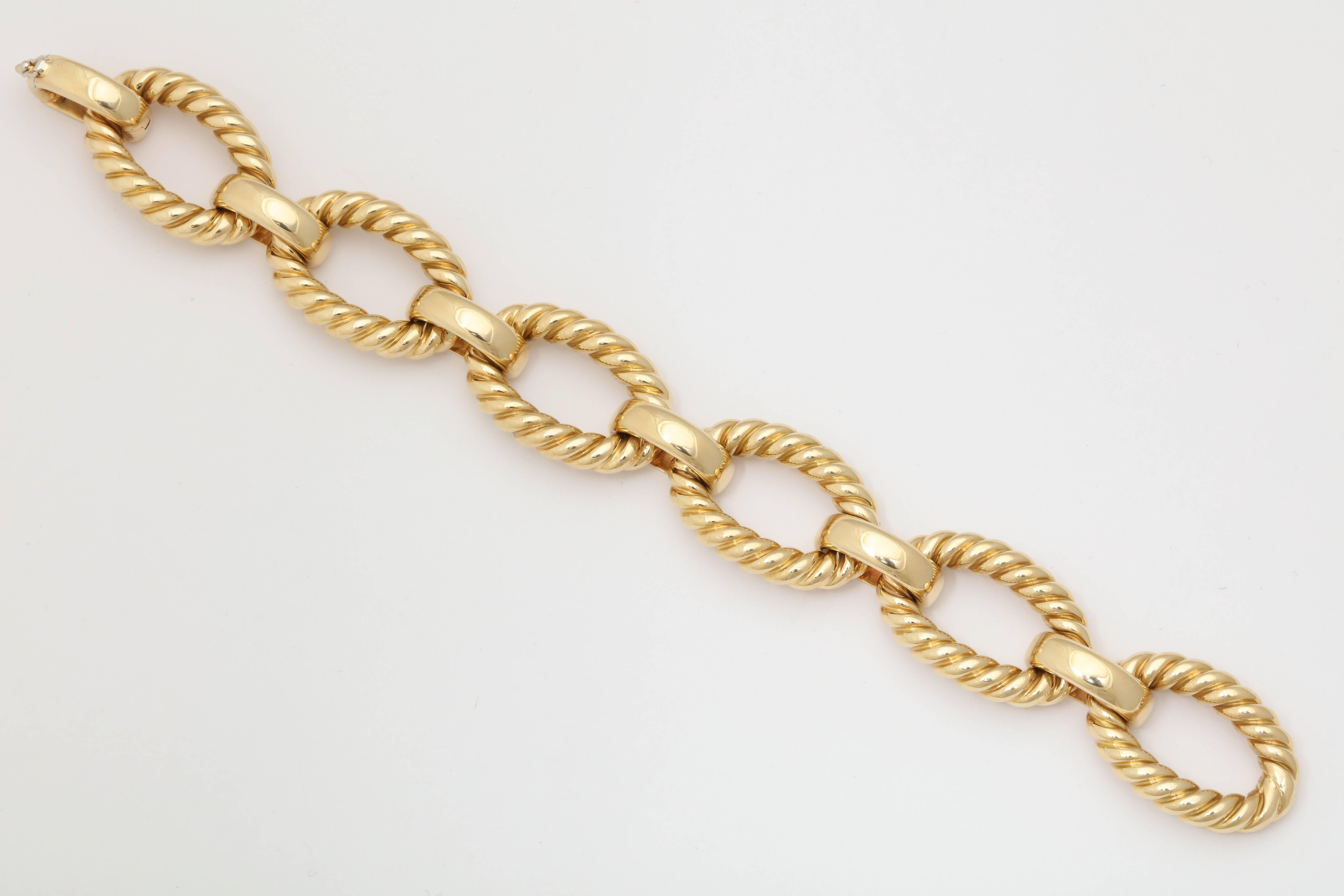 1970s Two Textured Gold Open Oval Link Ridged Flexible Bracelet In Excellent Condition In New York, NY