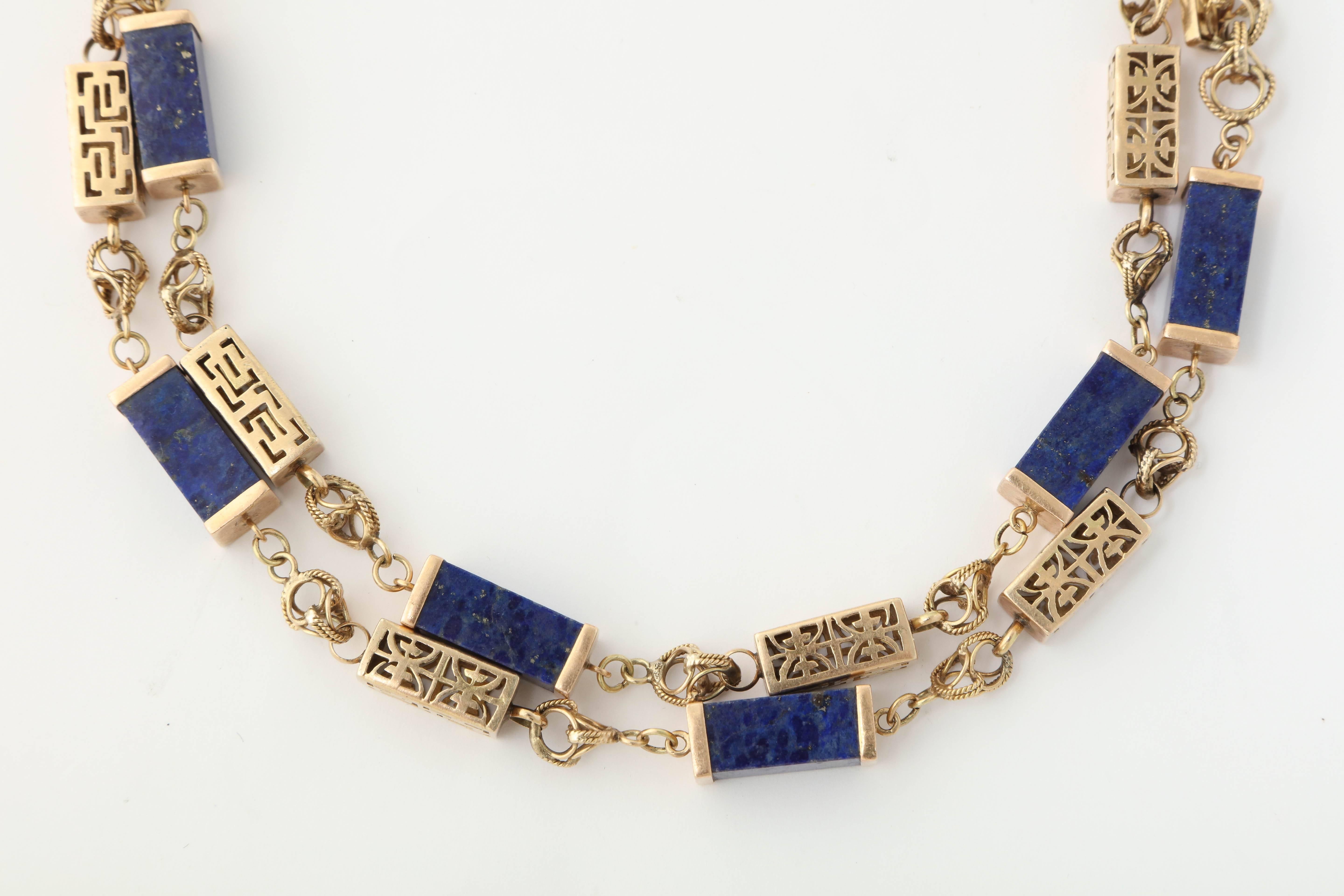 1950s Lapis Lazuli Gold Necklace Bracelet Long Chain Combination  In Excellent Condition In New York, NY