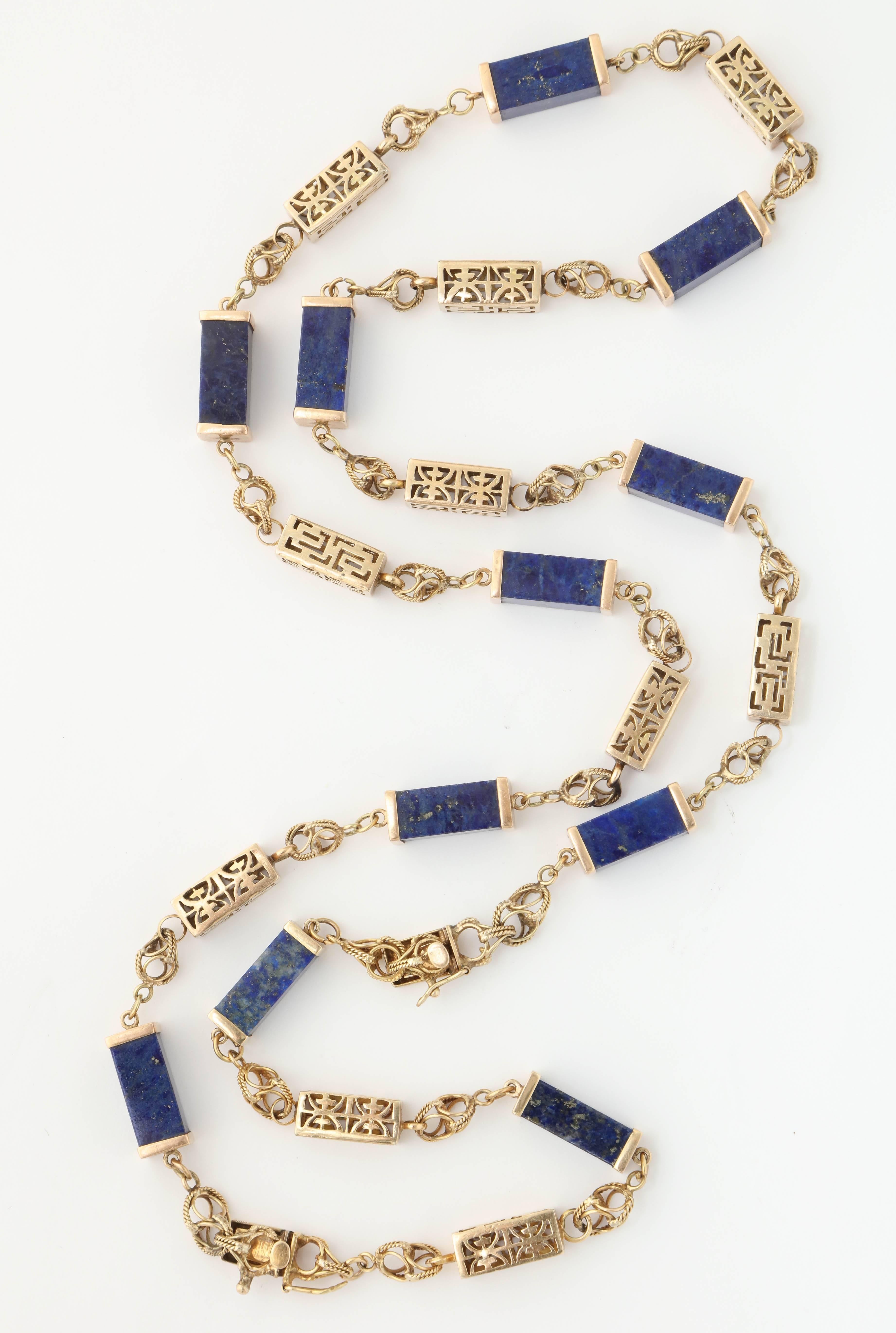 Women's 1950s Lapis Lazuli Gold Necklace Bracelet Long Chain Combination 