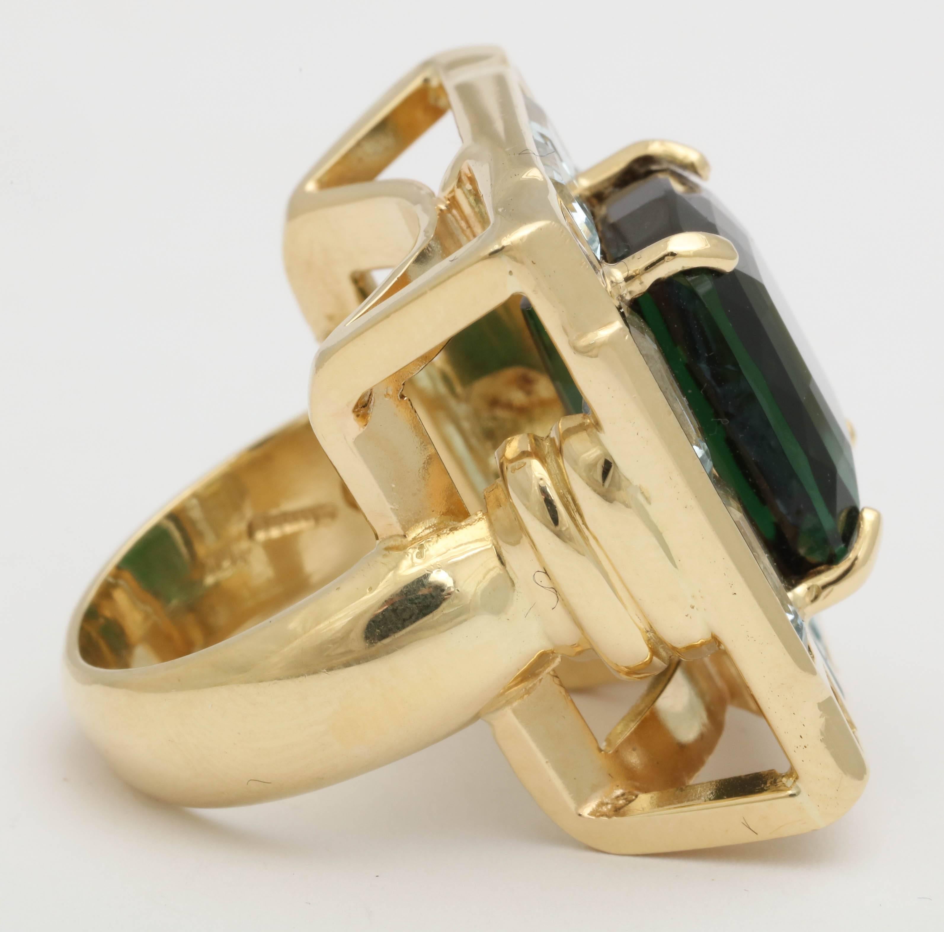 Women's 1960s Mayor's Green Tourmaline Aquamarine Diamond Gold Ring