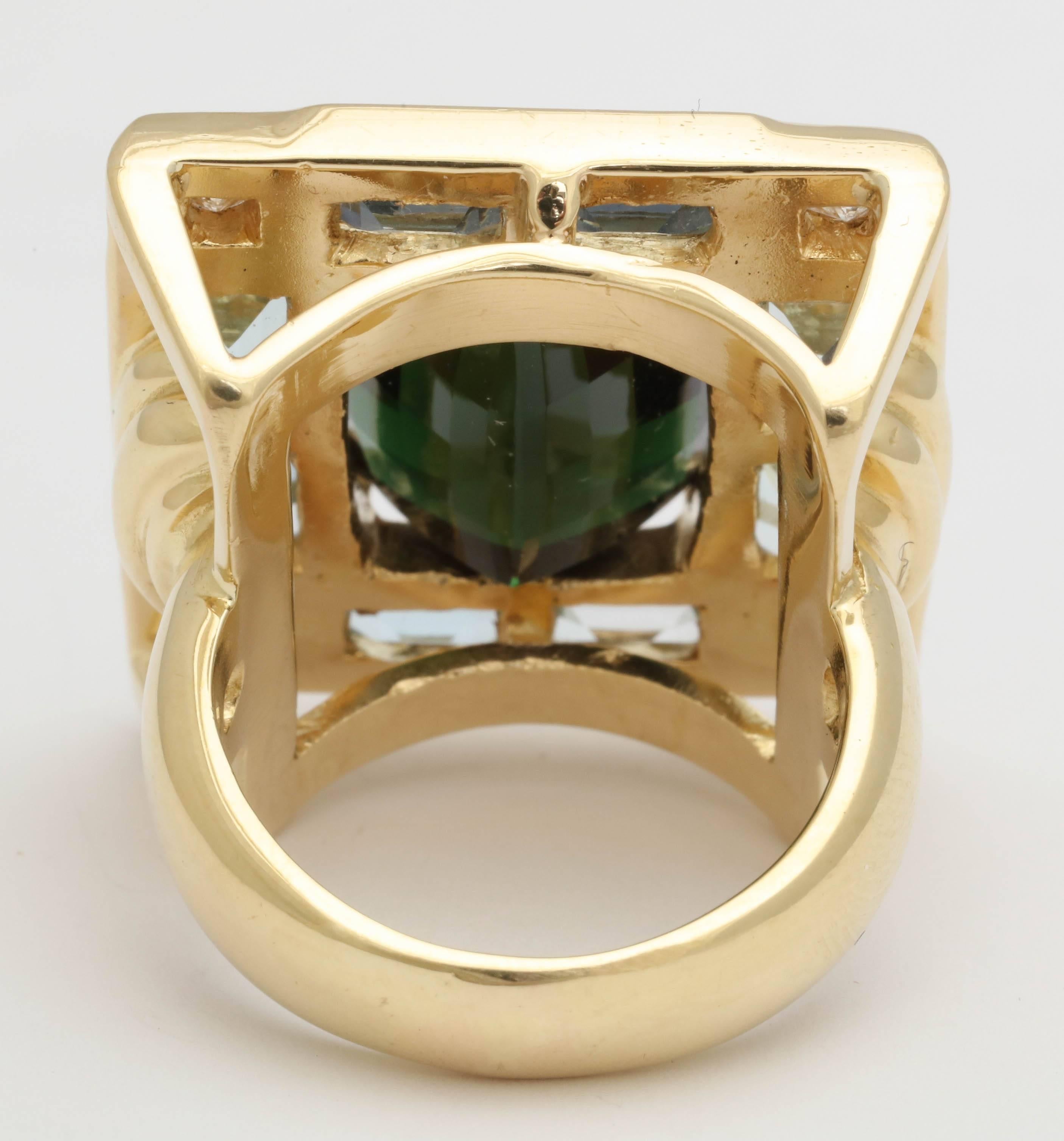 1960s Mayor's Green Tourmaline Aquamarine Diamond Gold Ring 1