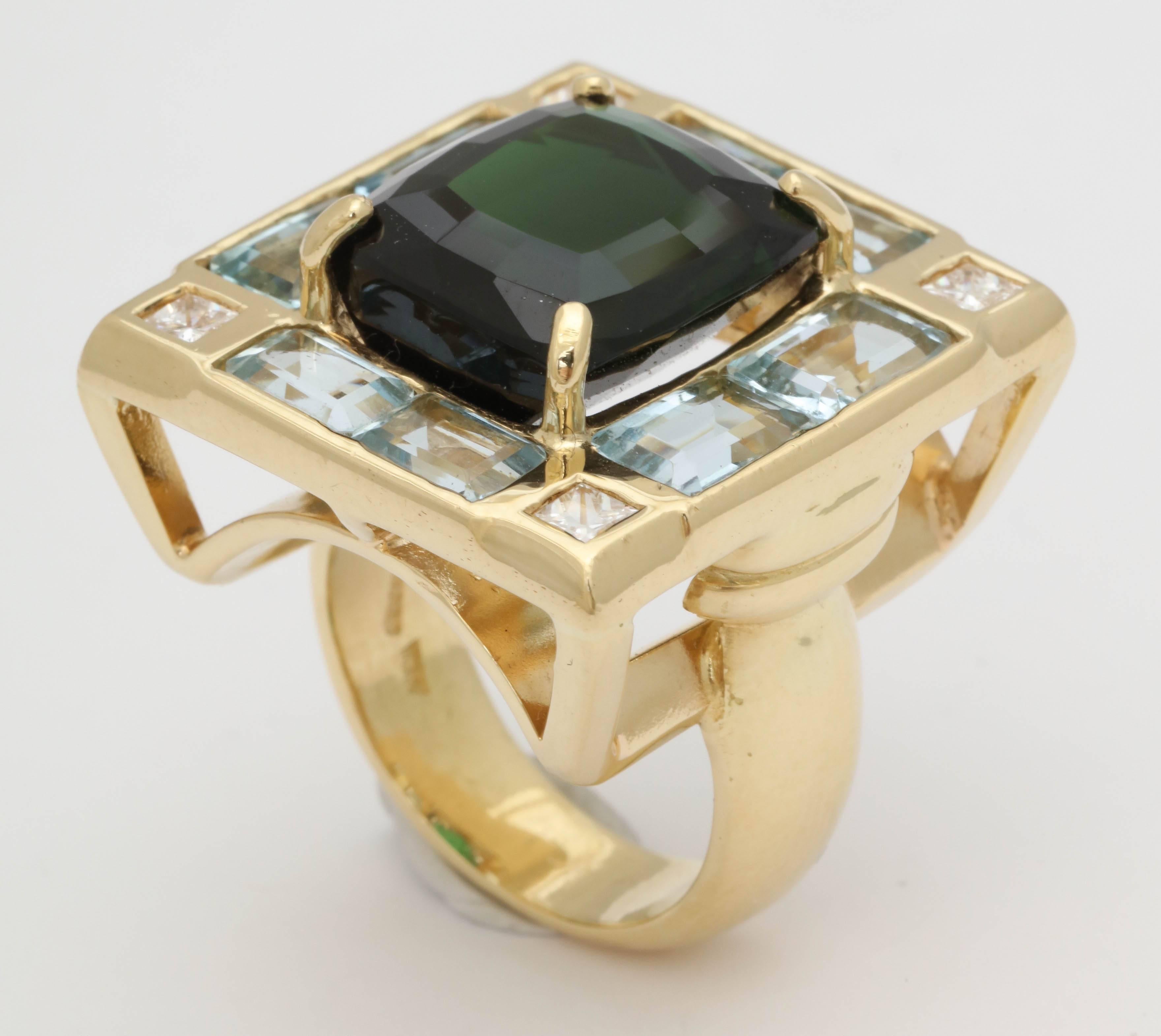 1960s Mayor's Green Tourmaline Aquamarine Diamond Gold Ring 2