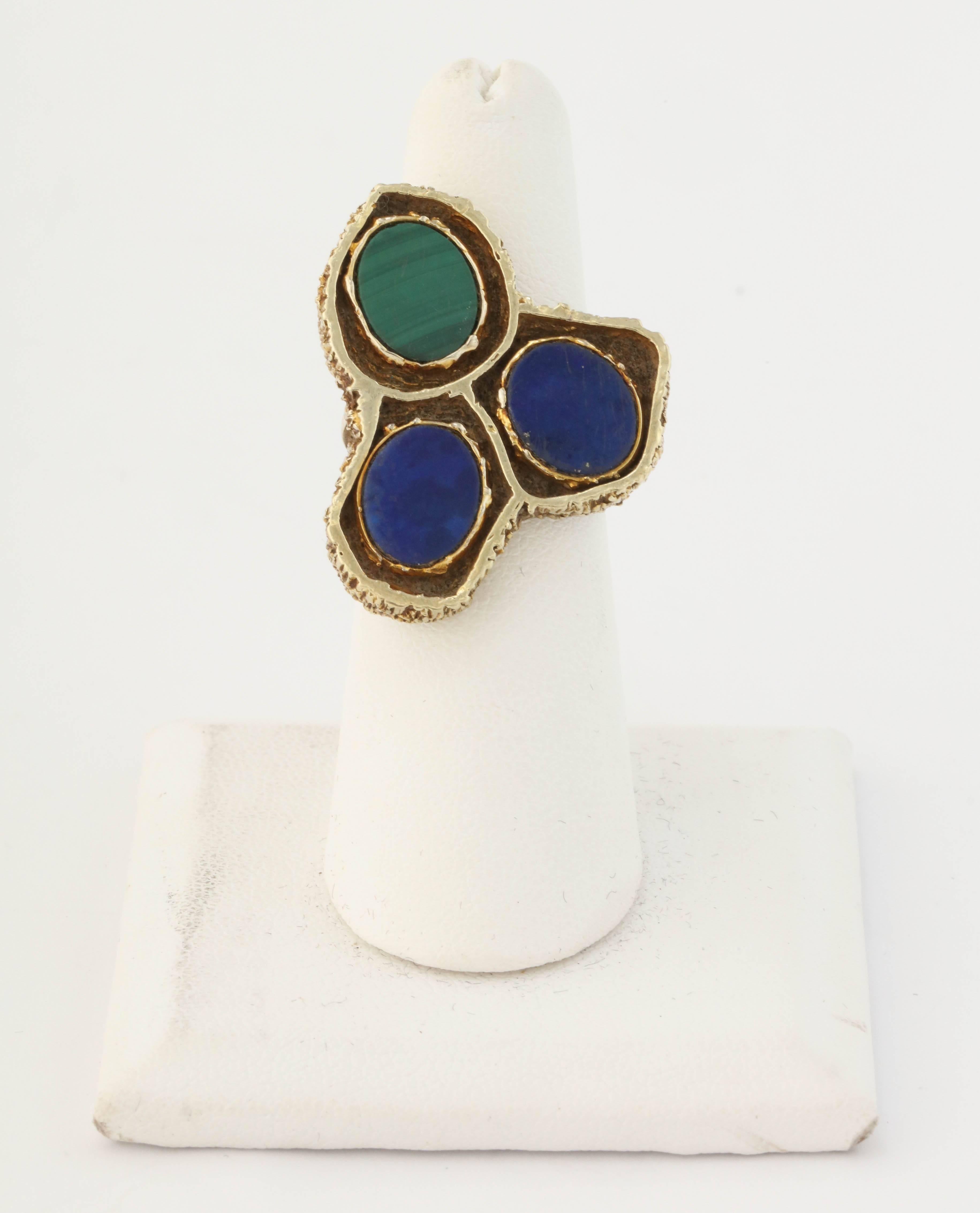 14kt yellow gold [3] piece ensemble consisting of alternating {2} Different Types Of Textured Gold Frames Centering High Quality Lapis Lazuli Stones And Alternating High Quality Malachite Stones Throughout. {1] Bracelet. Made in the 1960's In