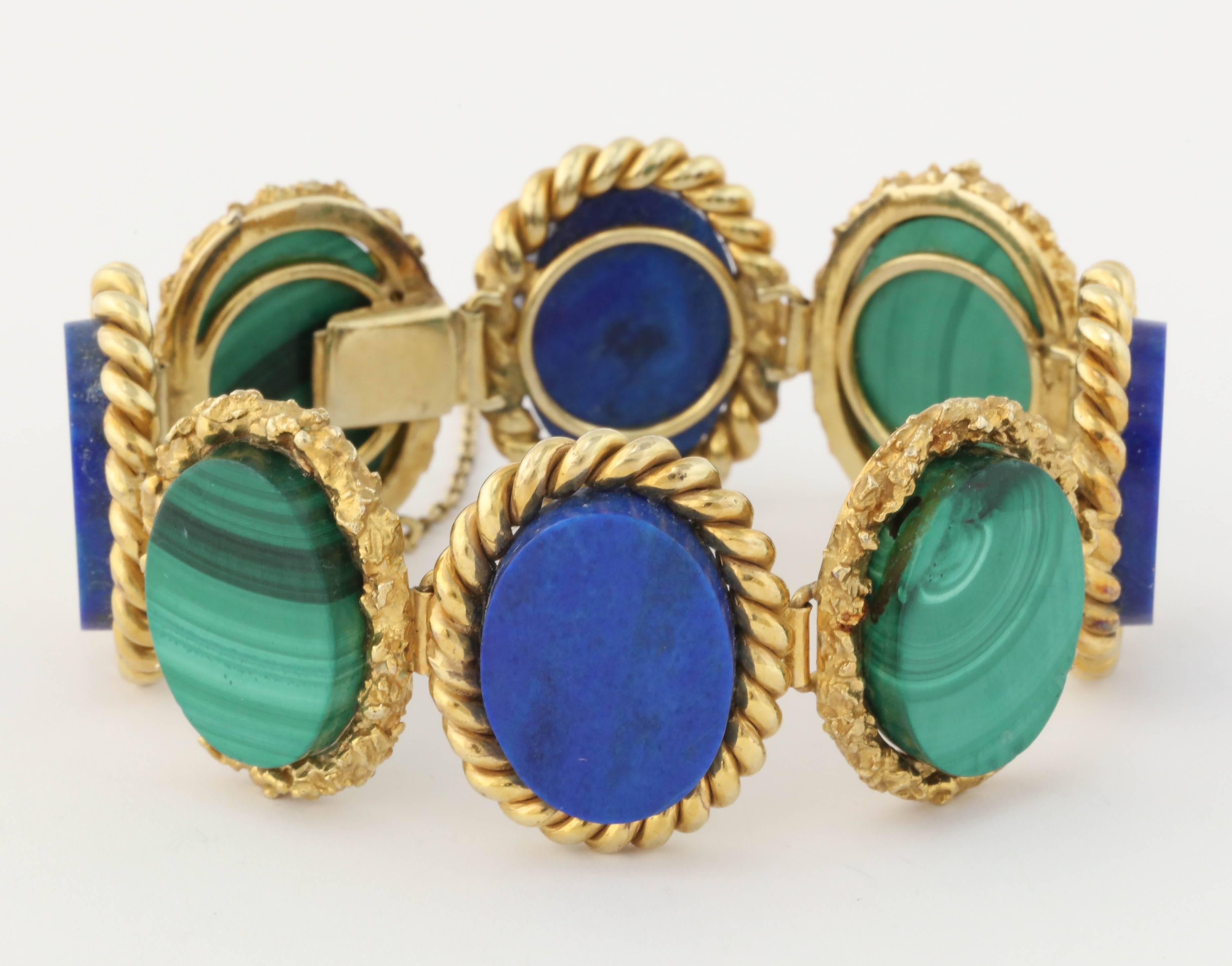 Women's 1960s High Quality Oval Cut Lapis Lazuli And Malachite Flexible Link Bracelet For Sale