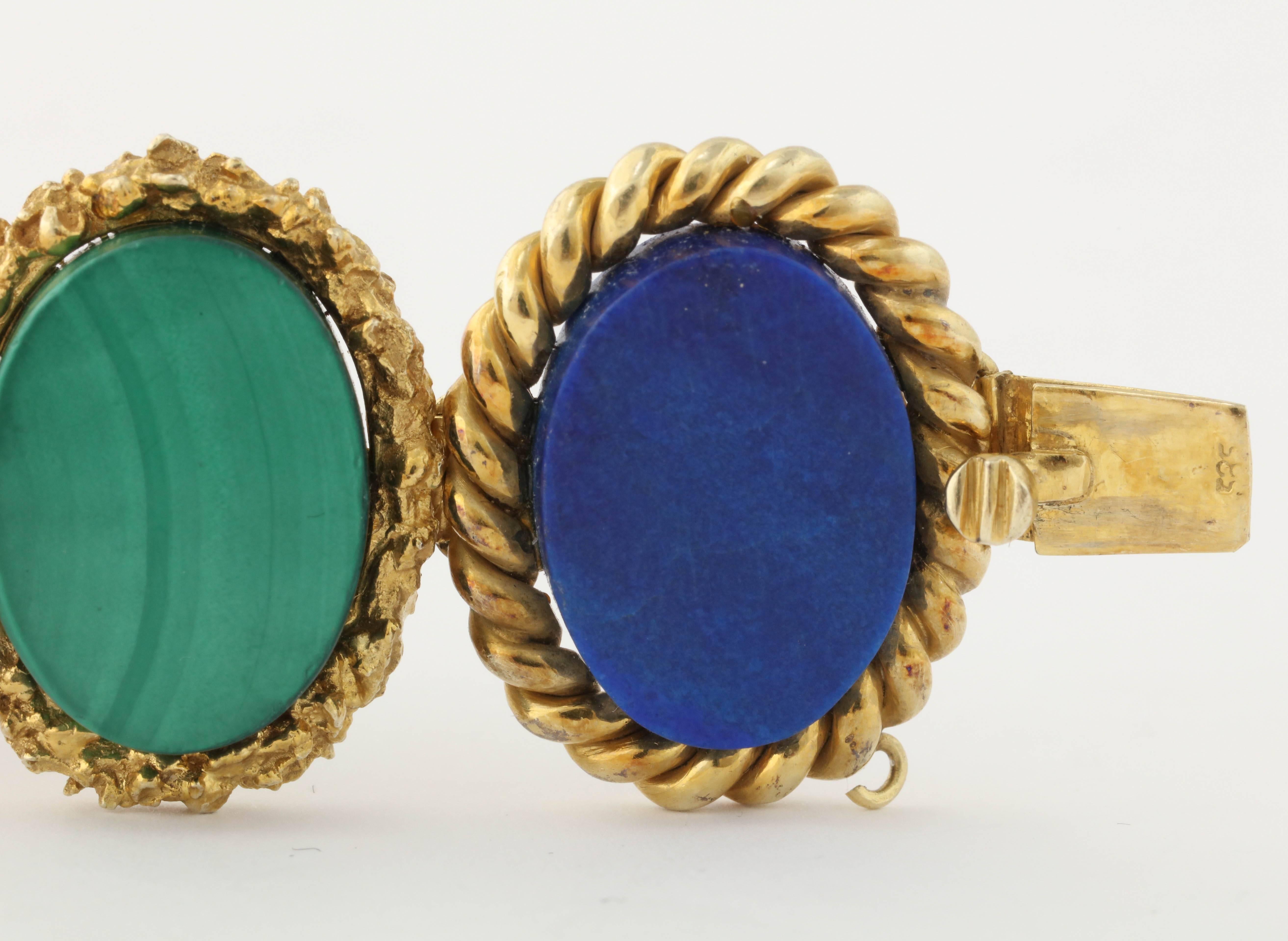 1960s High Quality Oval Cut Lapis Lazuli And Malachite Flexible Link Bracelet For Sale 1