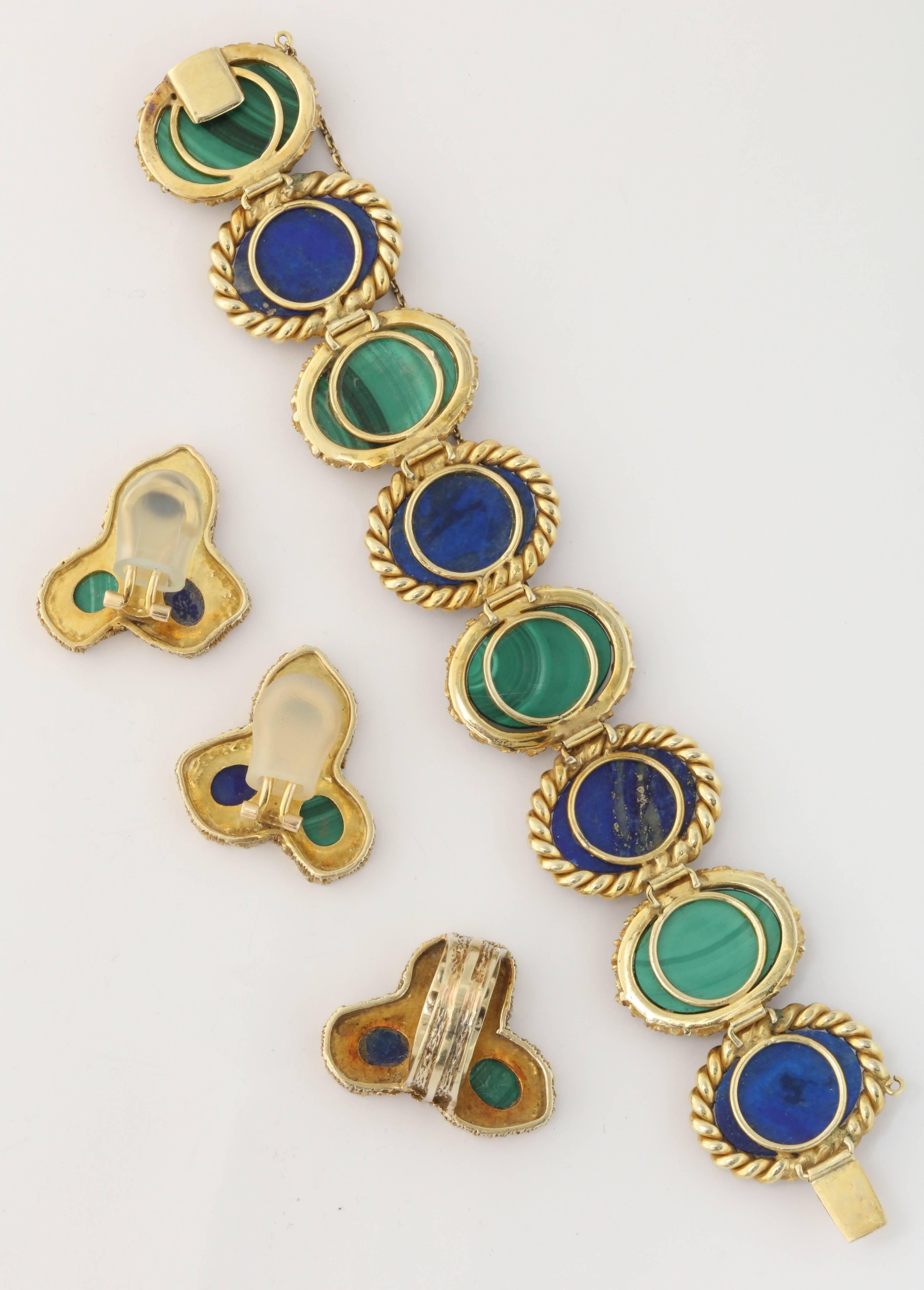 1960s High Quality Oval Cut Lapis Lazuli And Malachite Flexible Link Bracelet For Sale 4
