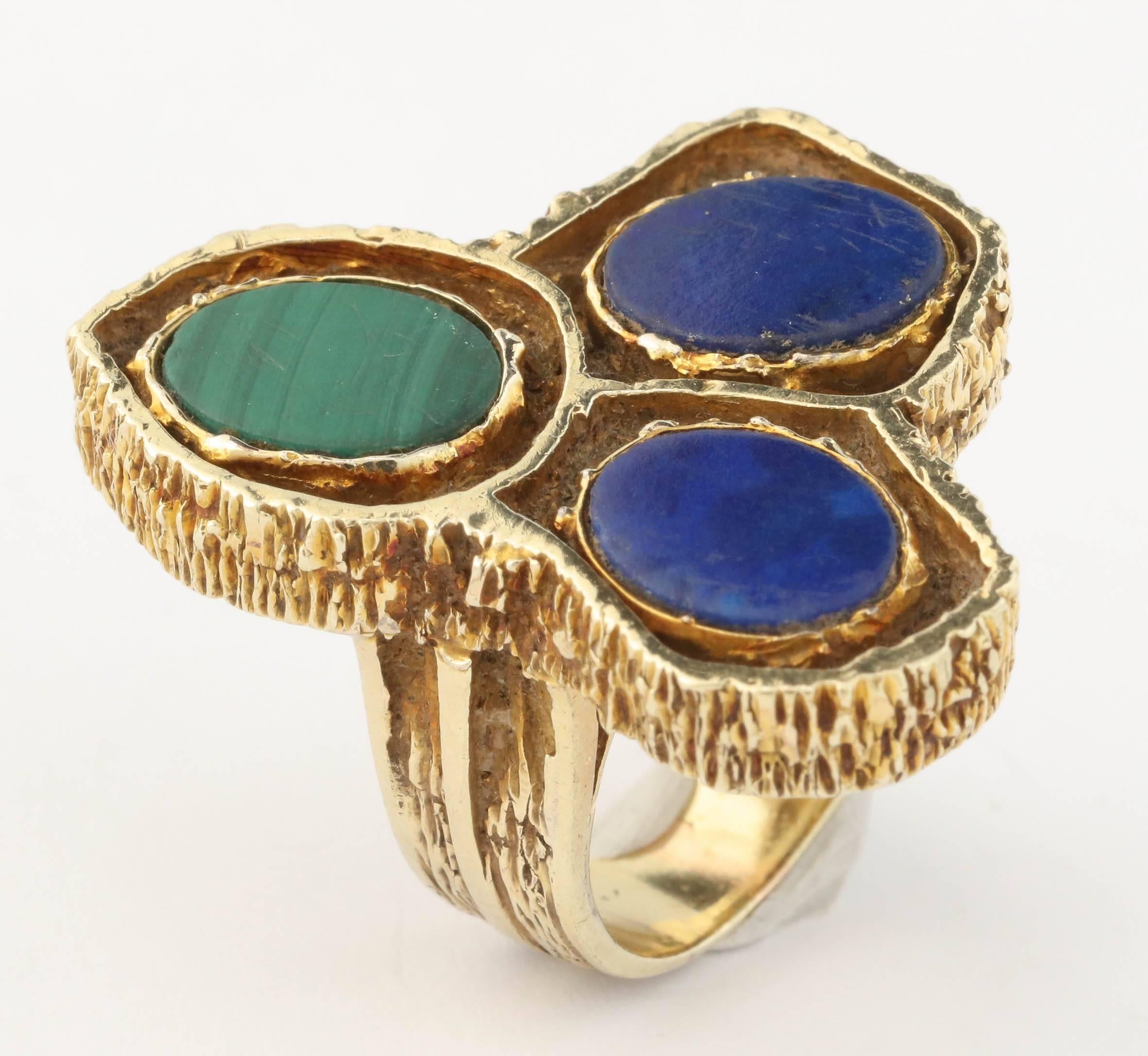 1960s High Quality Oval Cut Lapis Lazuli And Malachite Flexible Link Bracelet For Sale 6