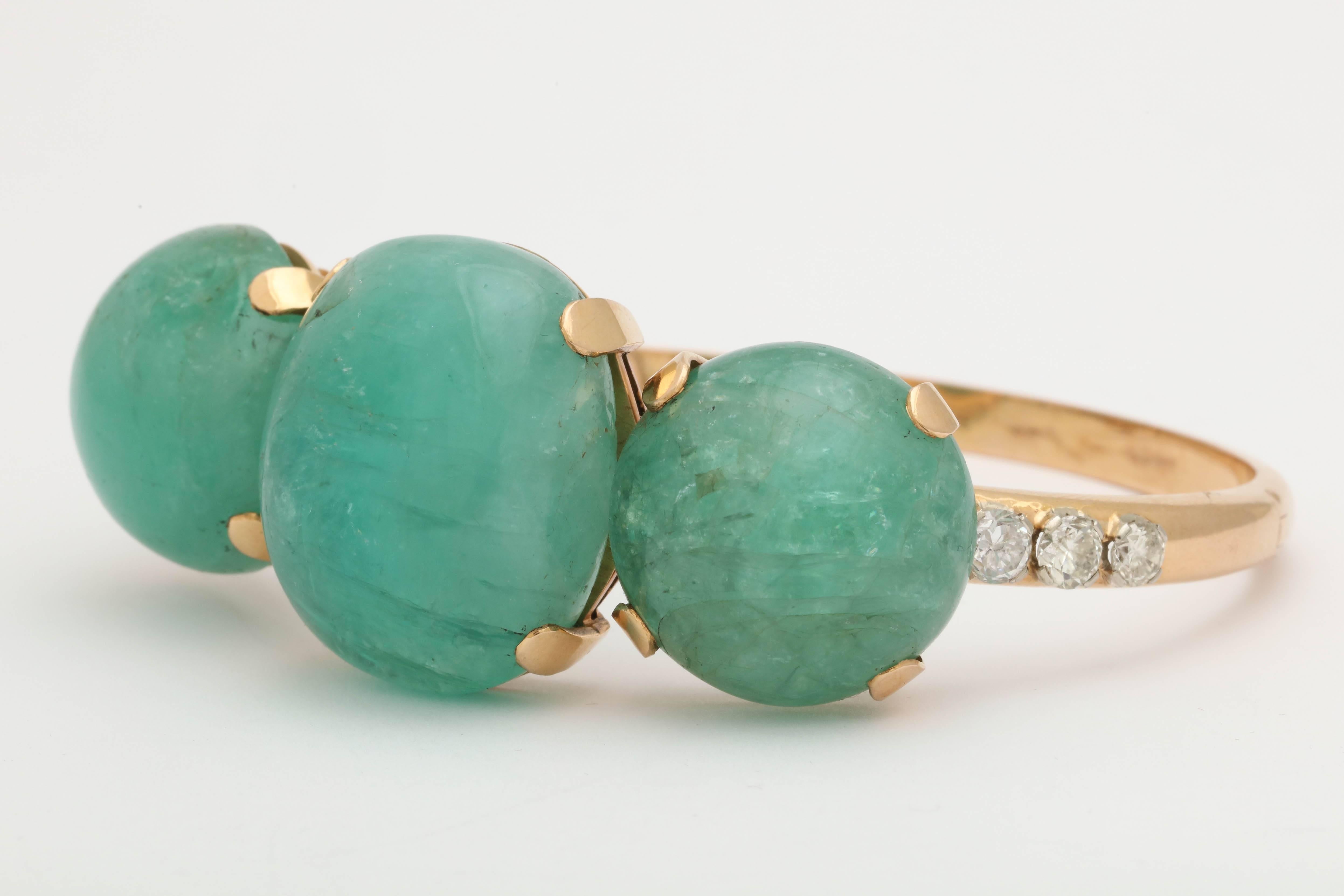 Women's 1950s Large Cabochon Emerald Diamond Gold Bangle Bracelet