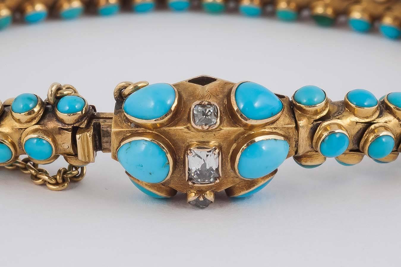 Early Victorian Turquoise Diamond Gold Bracelet In Excellent Condition In London, GB