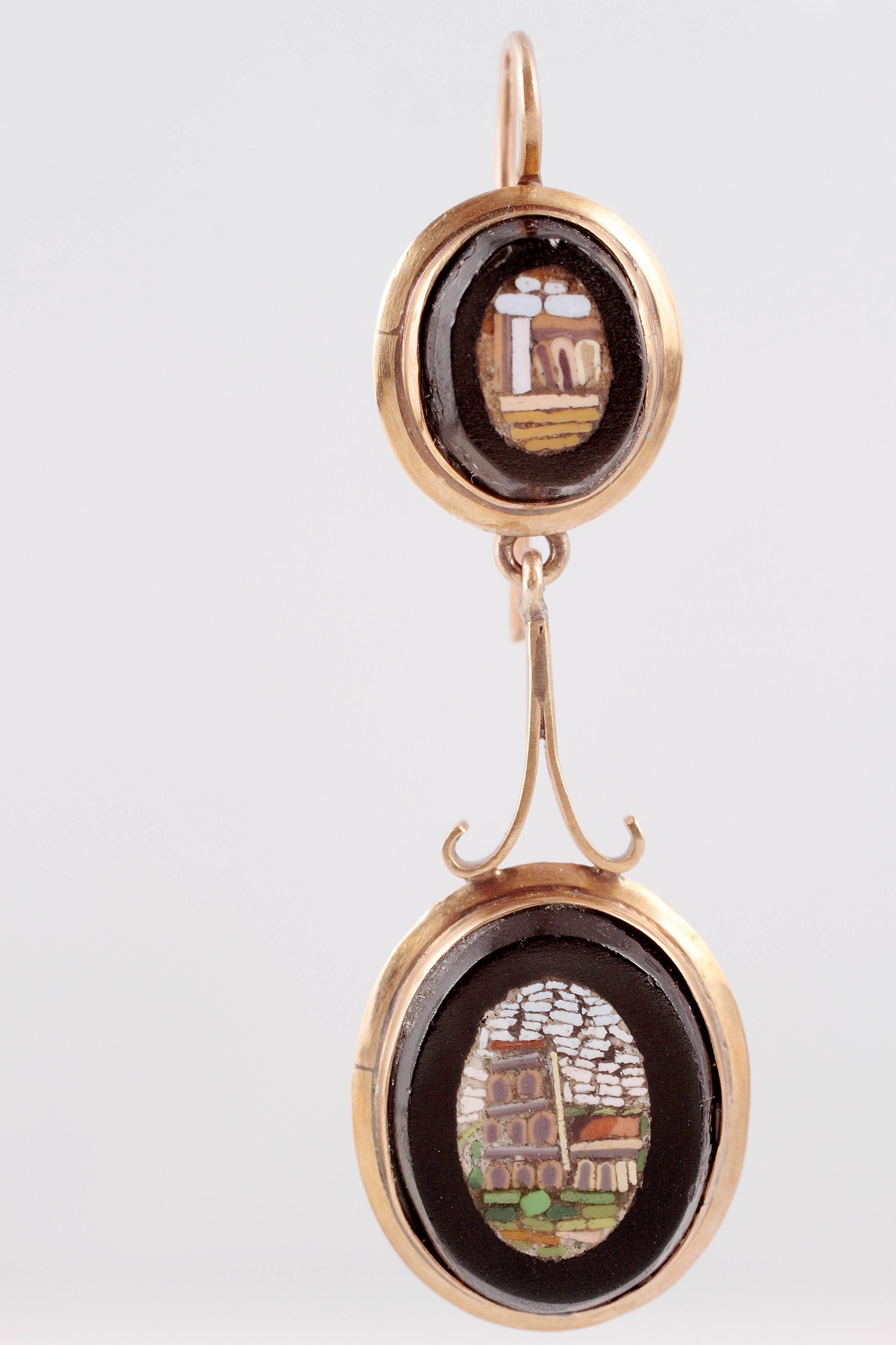 Victorian Early 20th Century Italian Mosaic Gold Drop Earrings