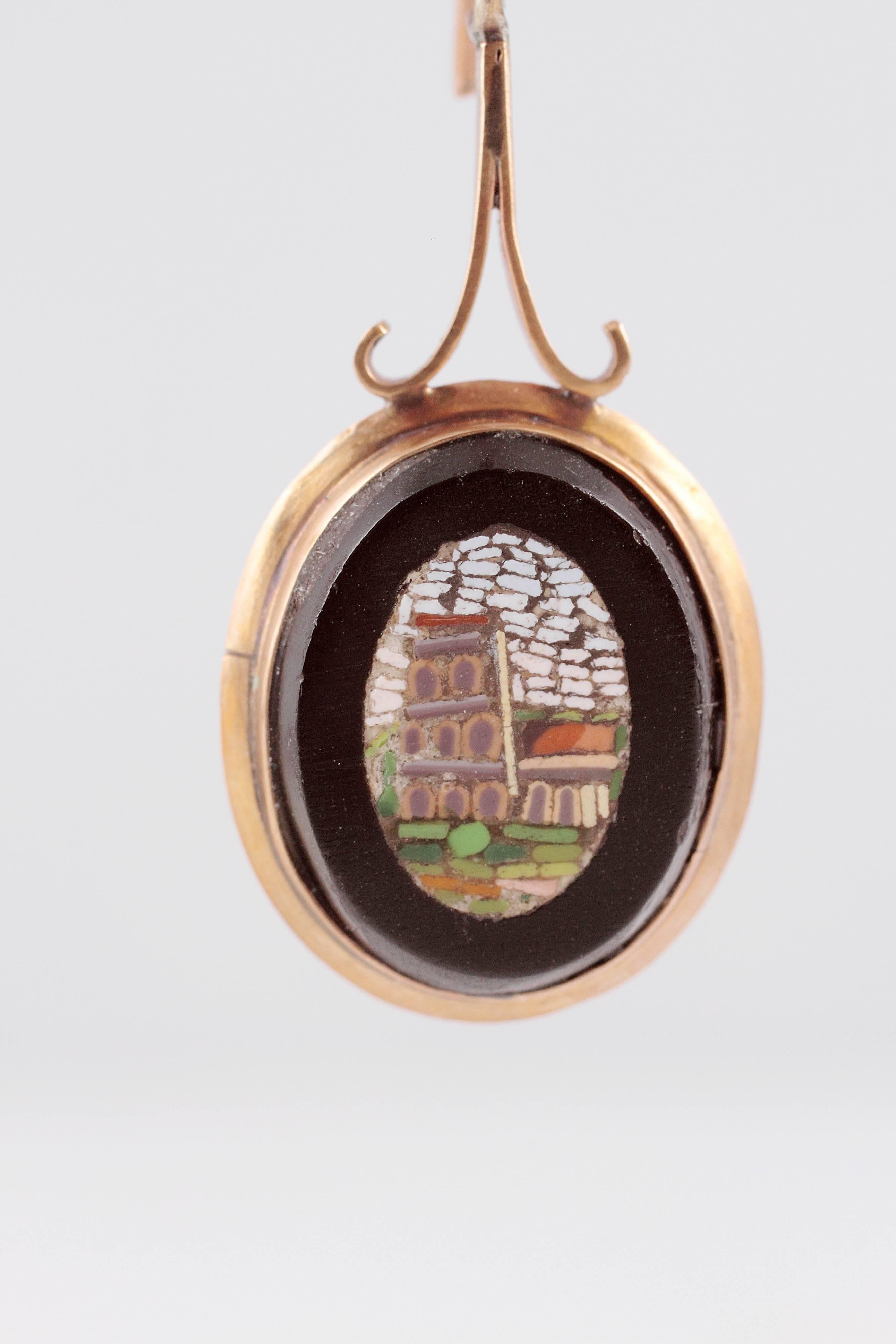 Women's Early 20th Century Italian Mosaic Gold Drop Earrings