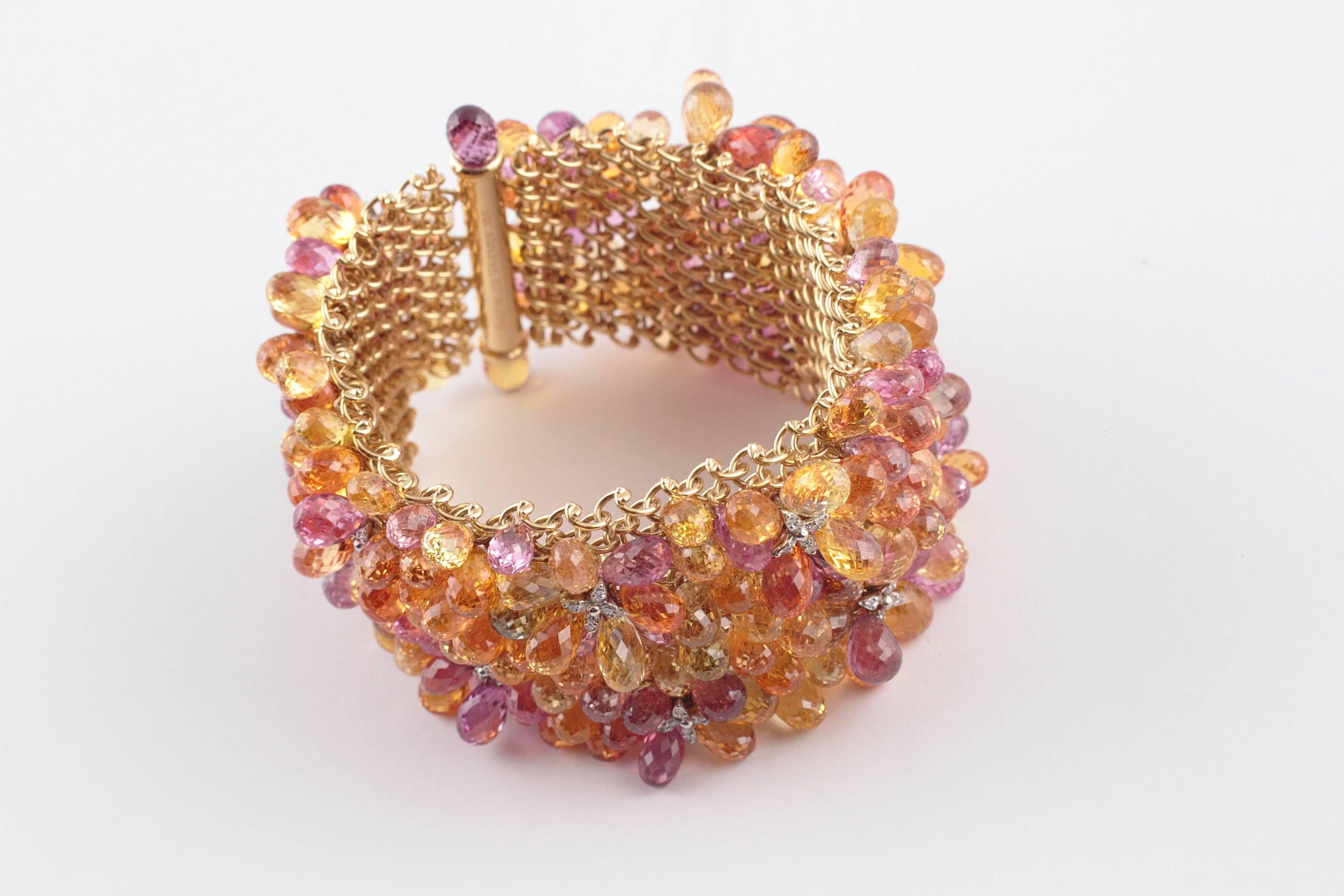 Women's Nicholas Varney 500 carat Briolette Multicolor Sapphire Diamond Gold Bracelet