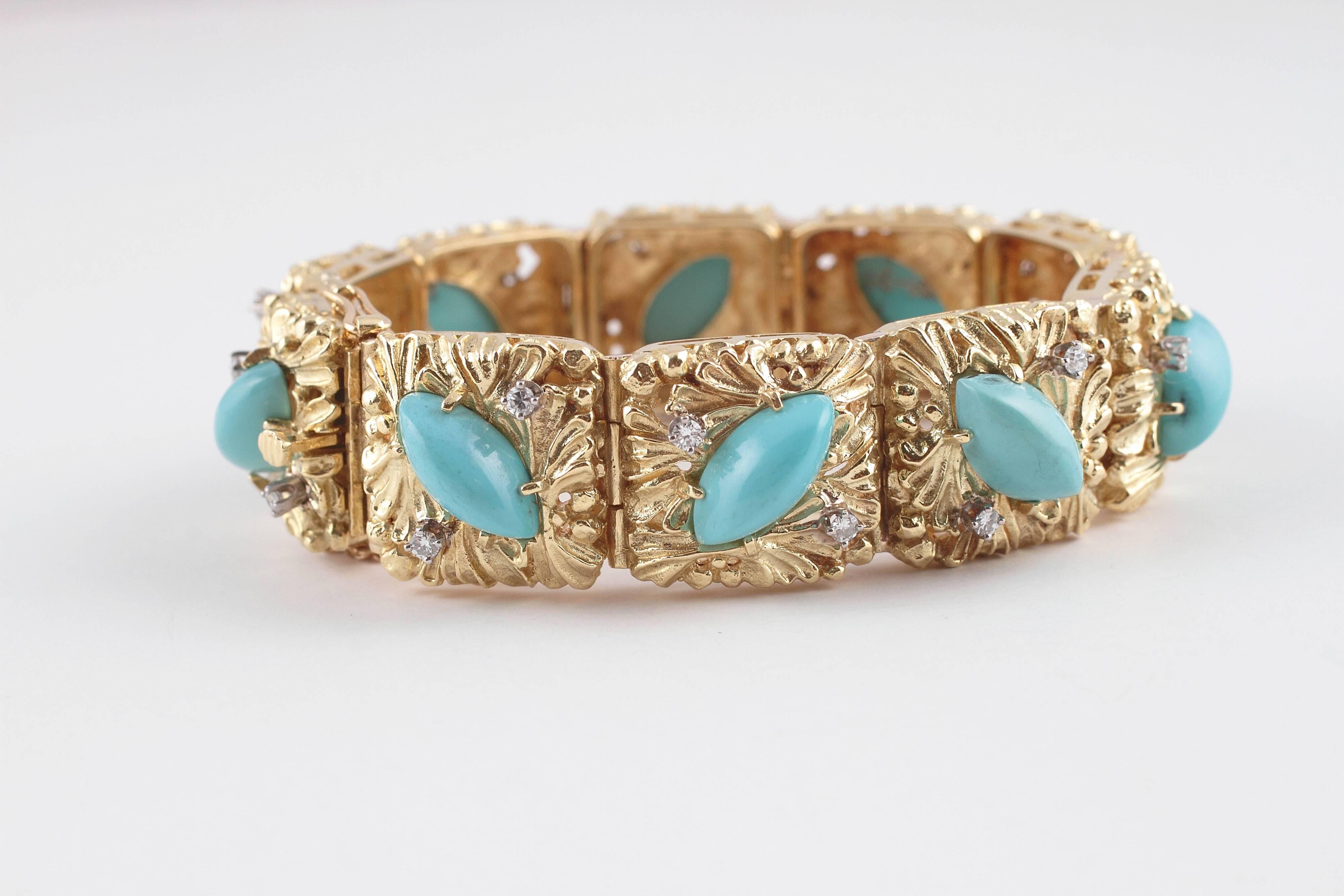 Contemporary Natural Turquoise Diamond Two Color Gold Bracelet