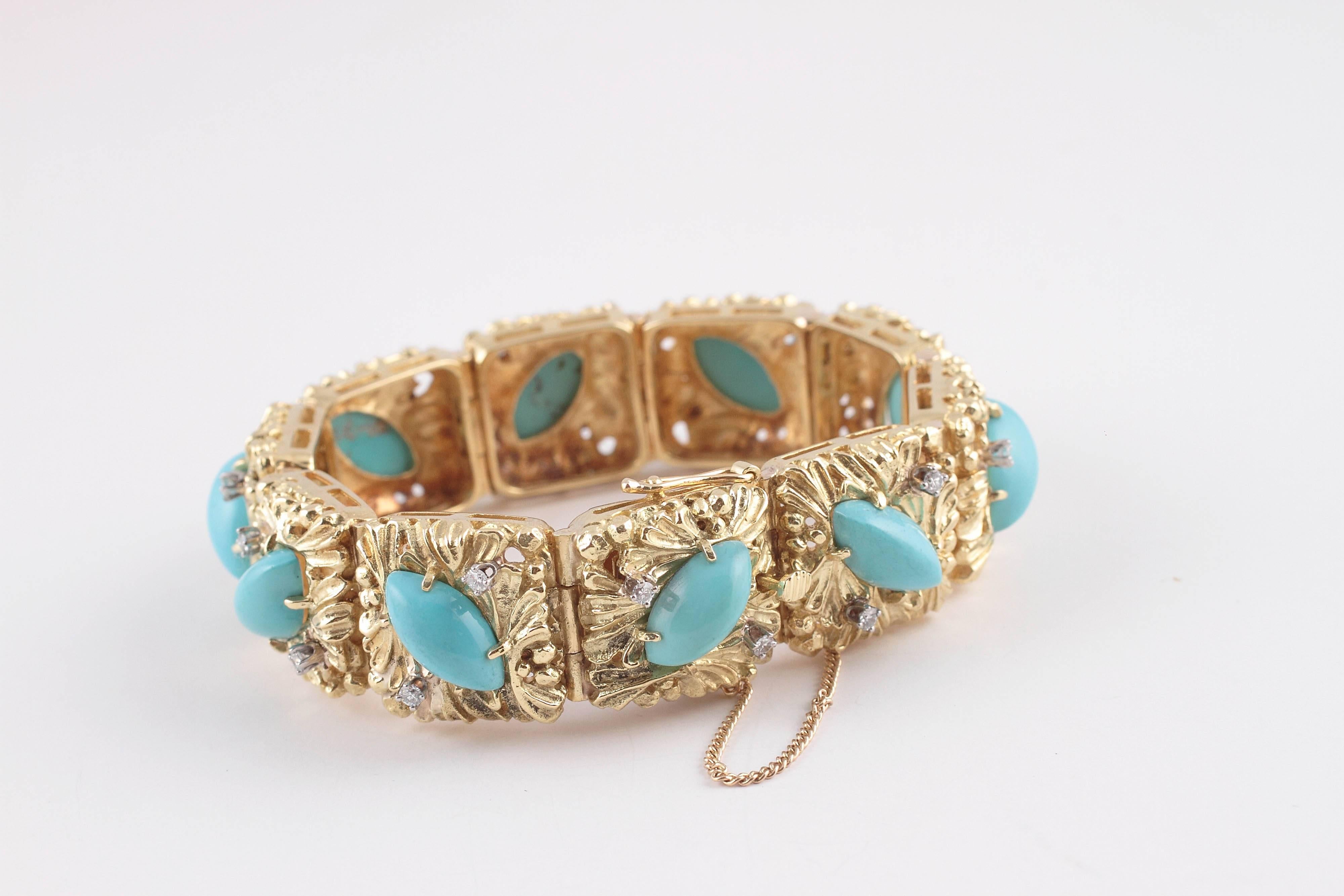 Natural Turquoise Diamond Two Color Gold Bracelet In Excellent Condition In Dallas, TX