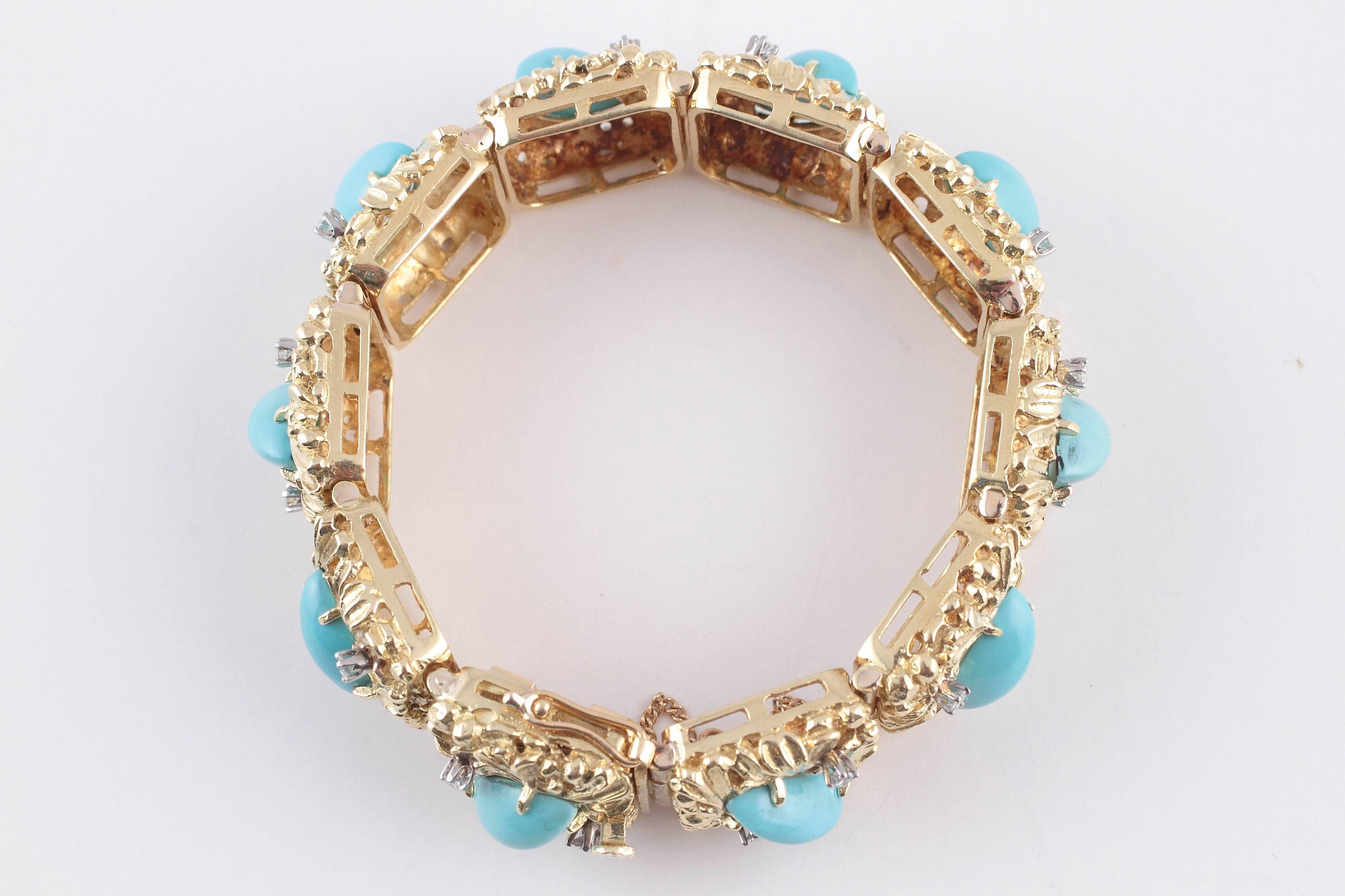Women's Natural Turquoise Diamond Two Color Gold Bracelet