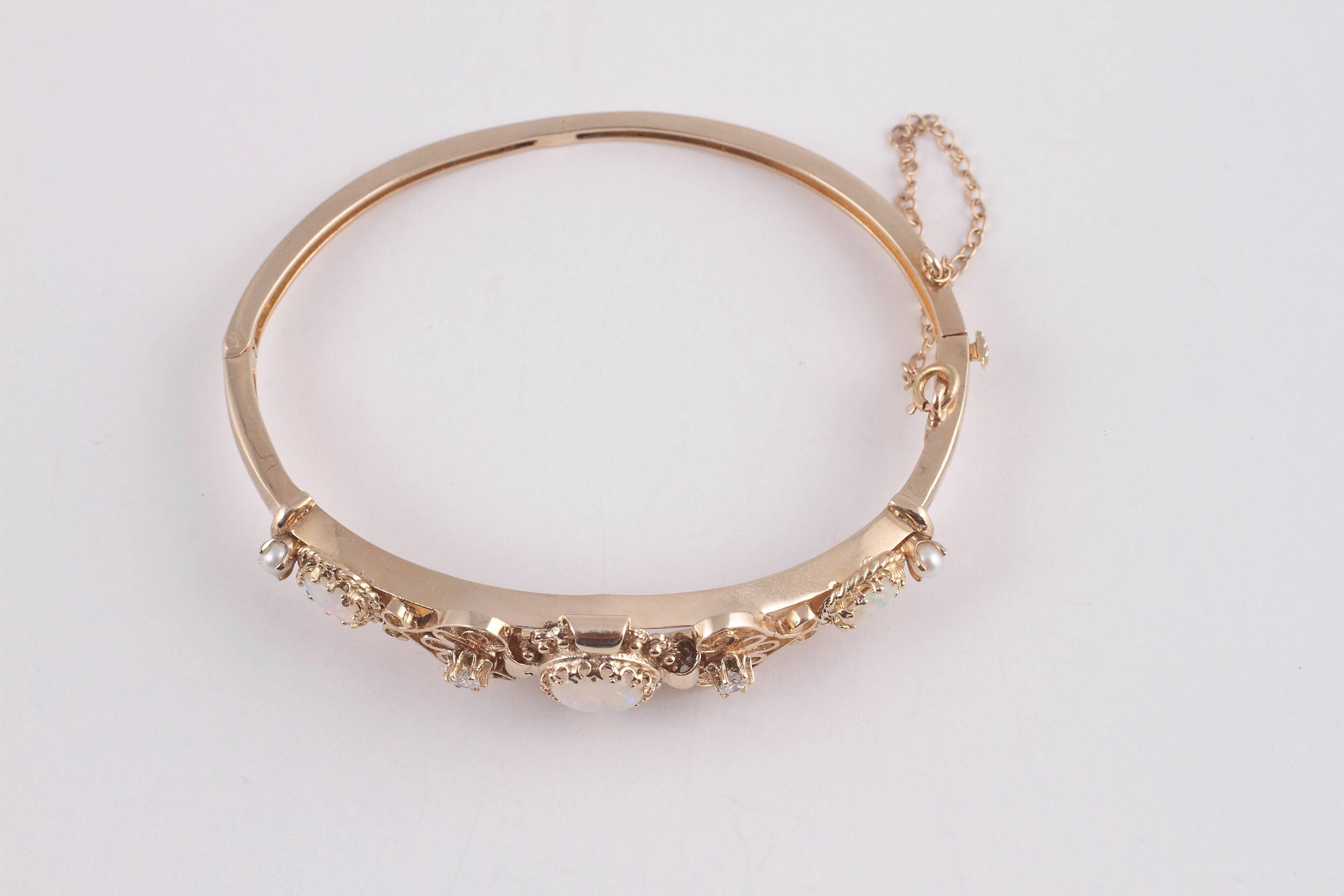 Lovely Pearl Opal Diamond Gold Bracelet 4