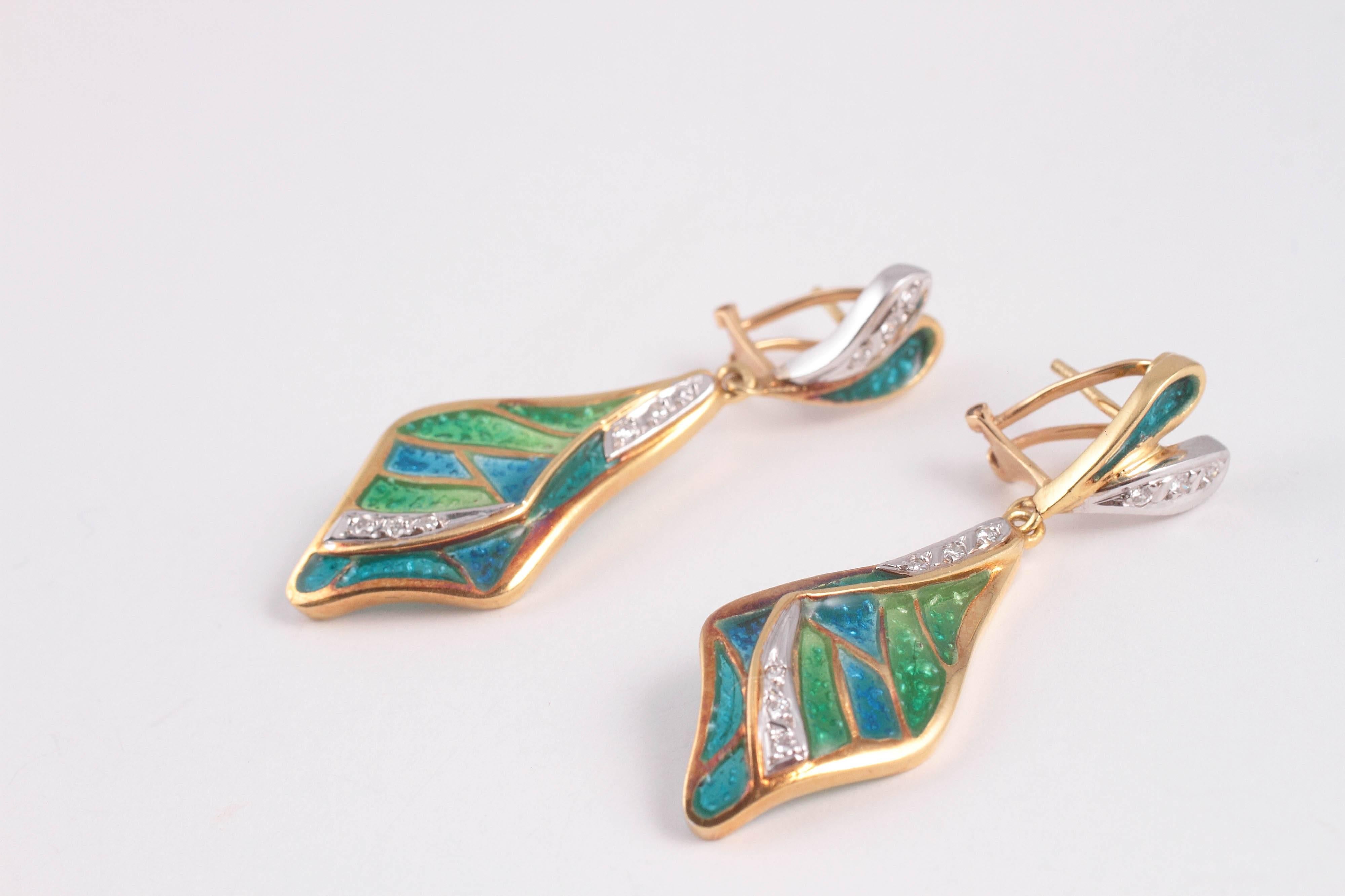 Modern Iberjoya Enamel Diamond Gold Dangle Earrings