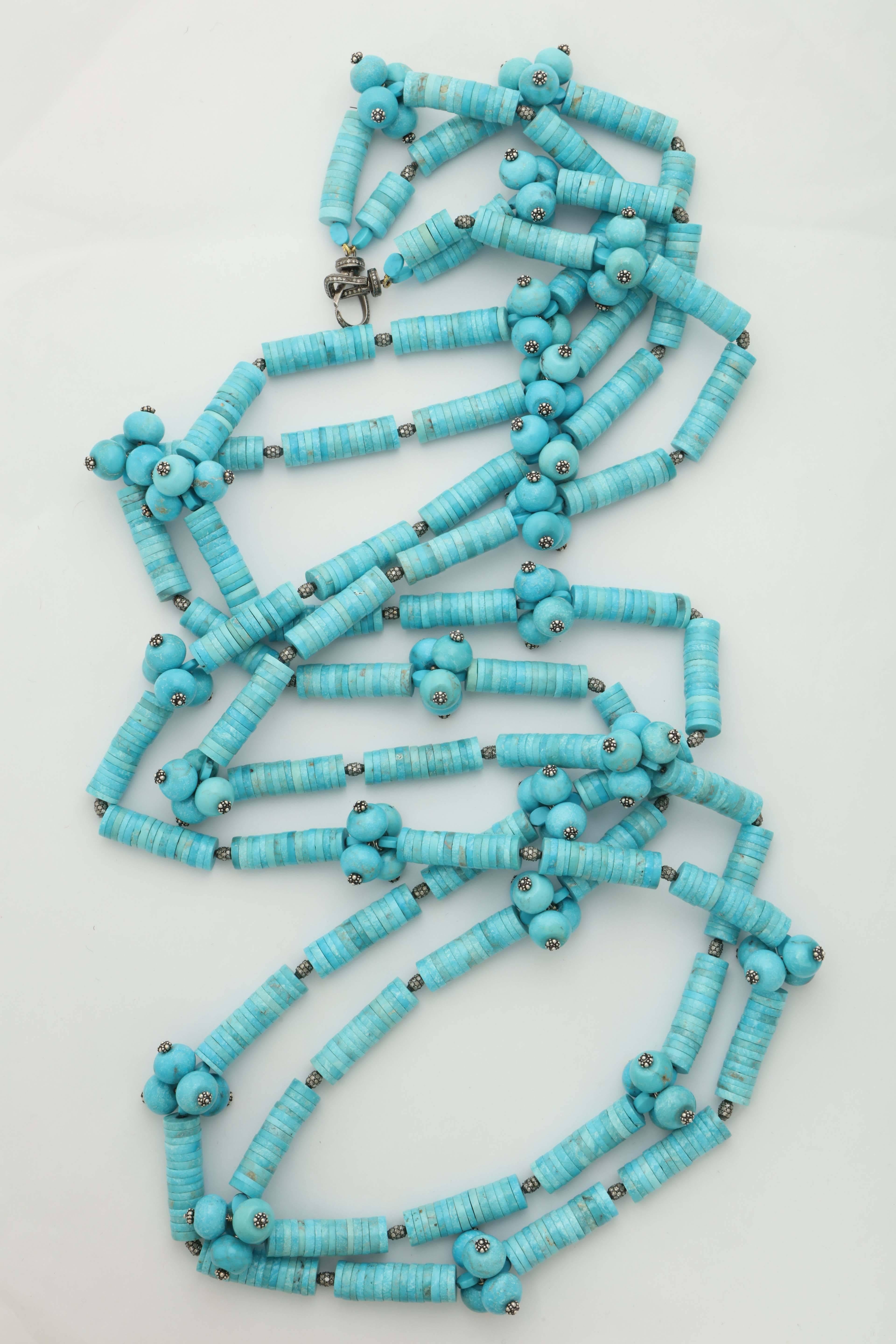 Turquoise Diamond Bamboo Necklace In Excellent Condition In Fifth Avenue, NY