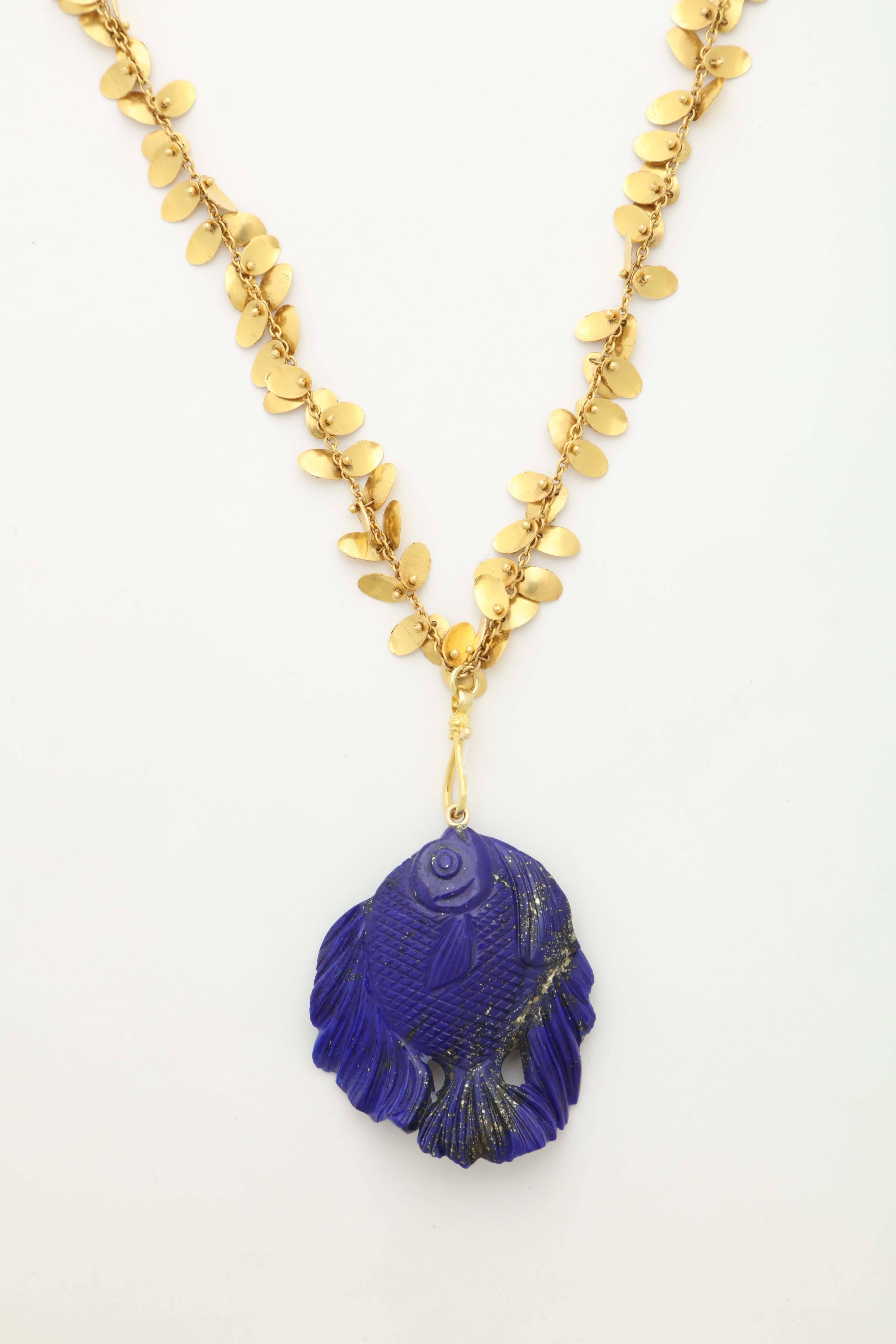 Contemporary Lapis Lazuli Gold Gone Fishing Necklace