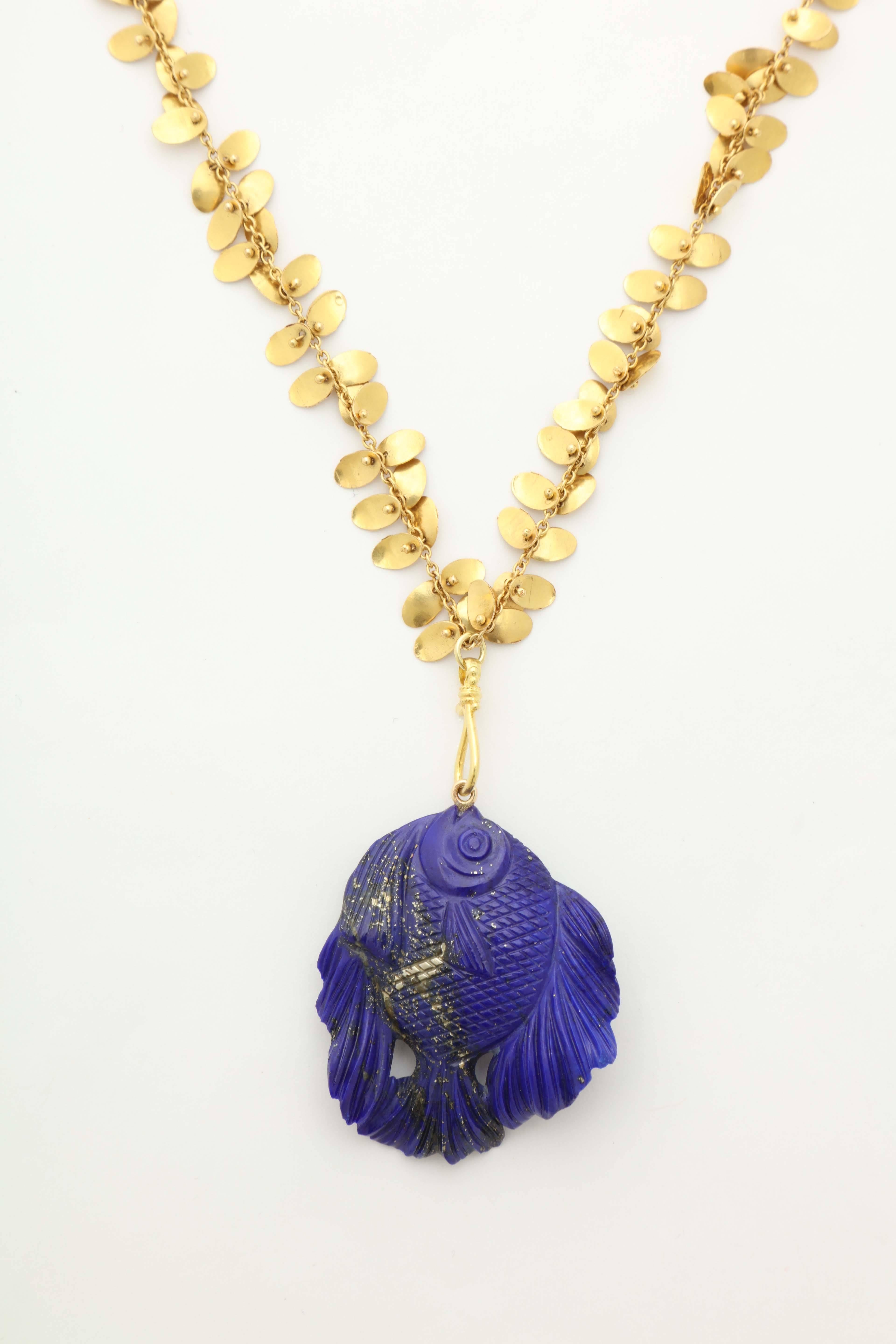 Lapis Lazuli Gold Gone Fishing Necklace In Excellent Condition In Fifth Avenue, NY