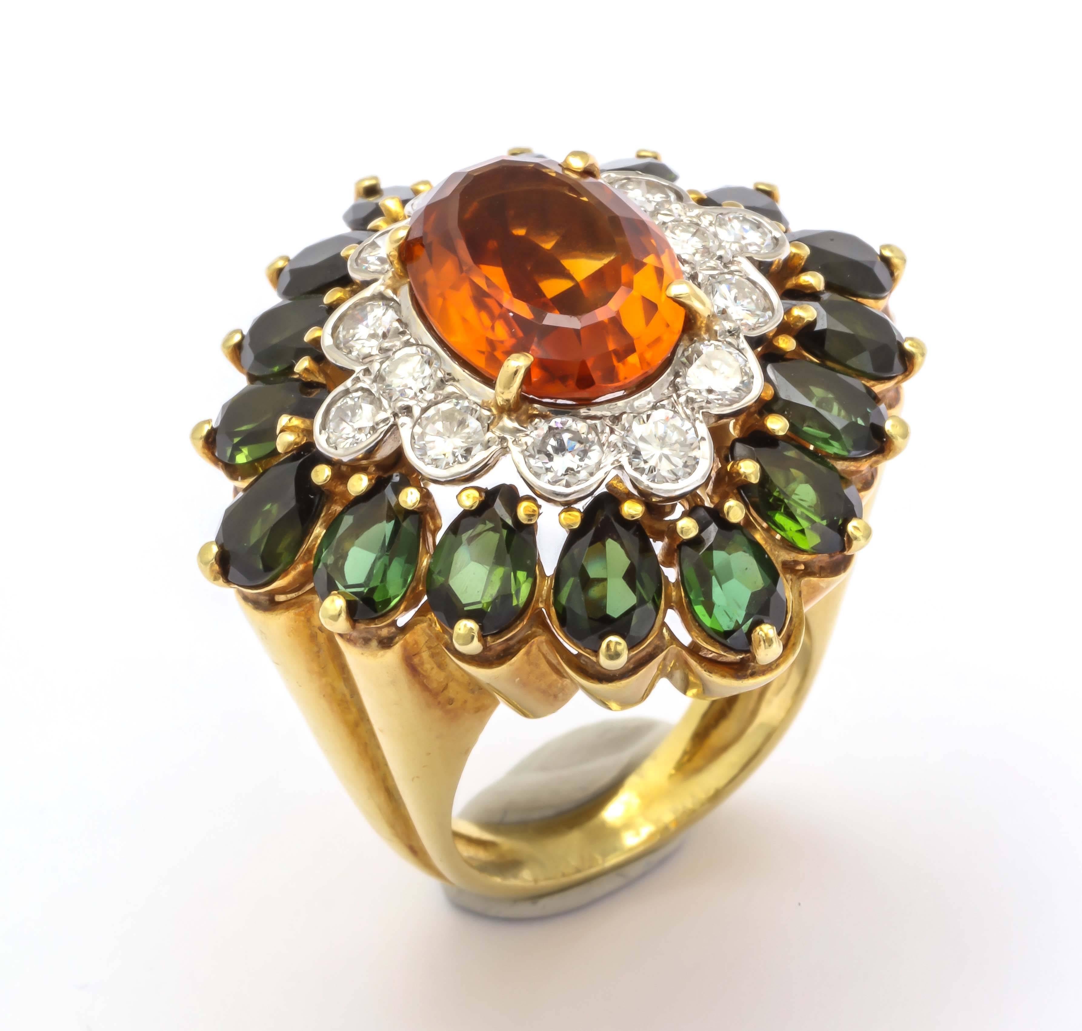 Sumptuous Dinner Ring - Green Tourmaline with Center Citrine and Diamond Ring - Prong set - and beautiful constructed.  