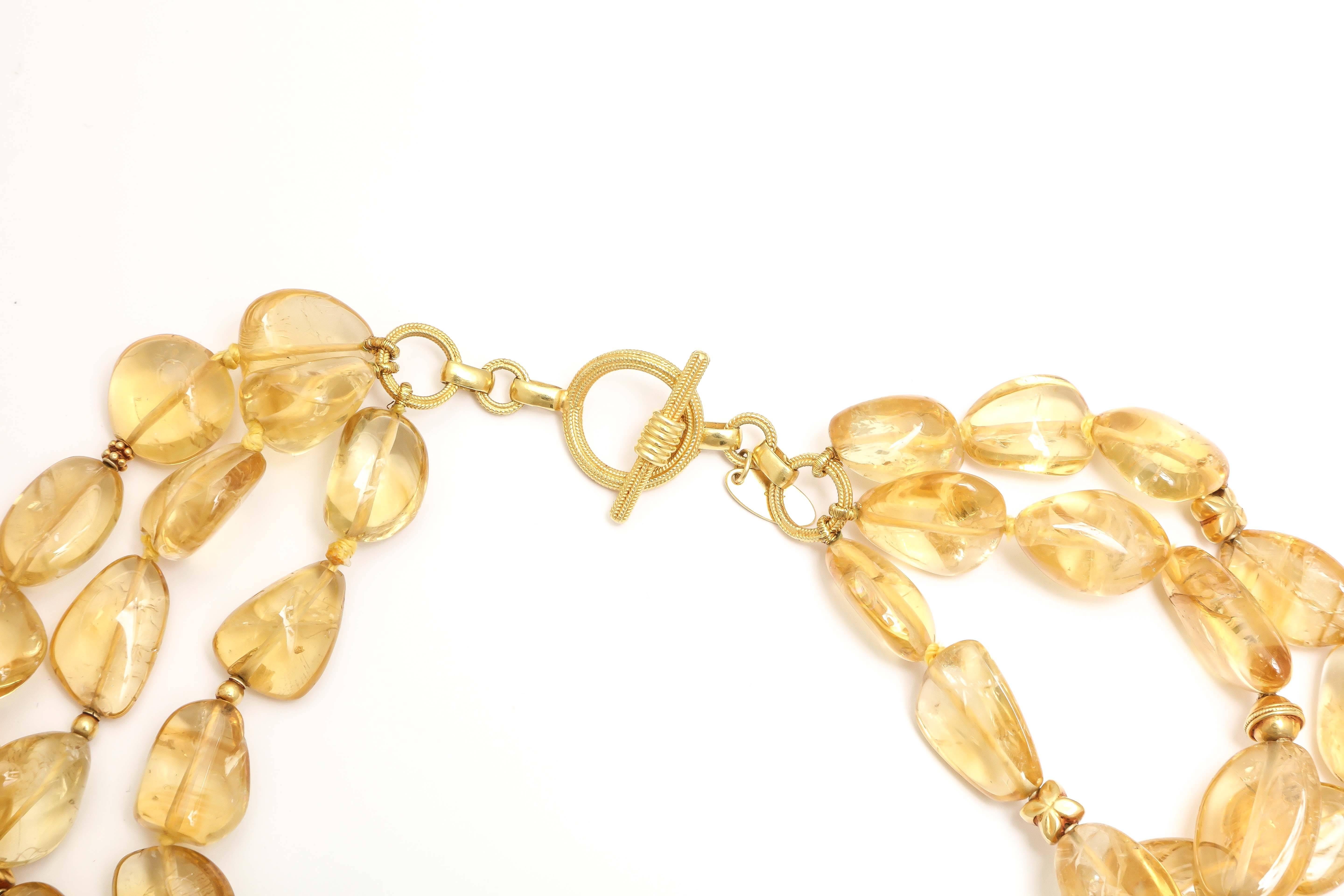 Pat Saling Triple Strand Citrine Gold Bead Necklace In Excellent Condition For Sale In New York, NY