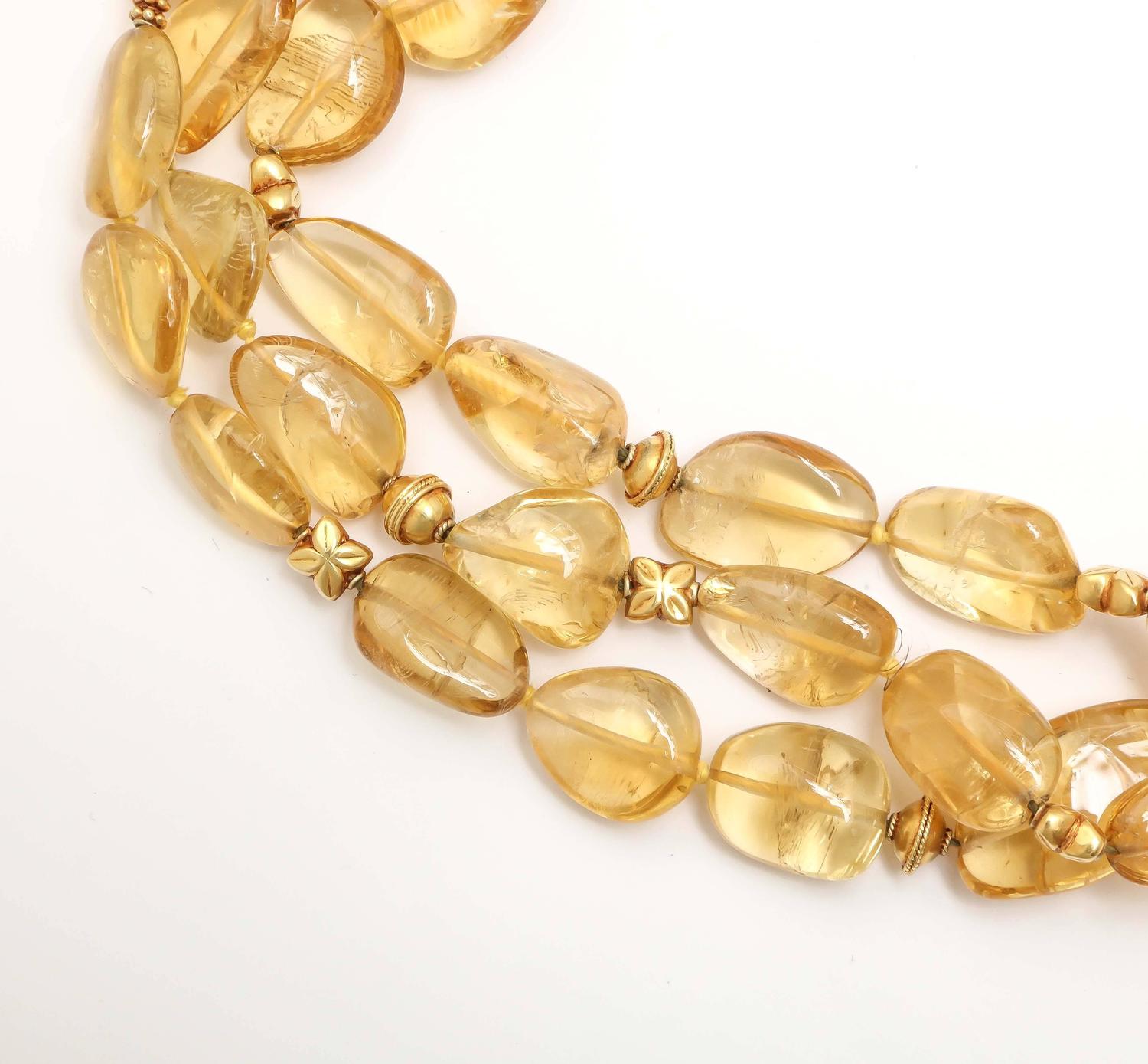 Pat Saling Triple Strand Citrine Gold Bead Necklace For Sale at 1stdibs