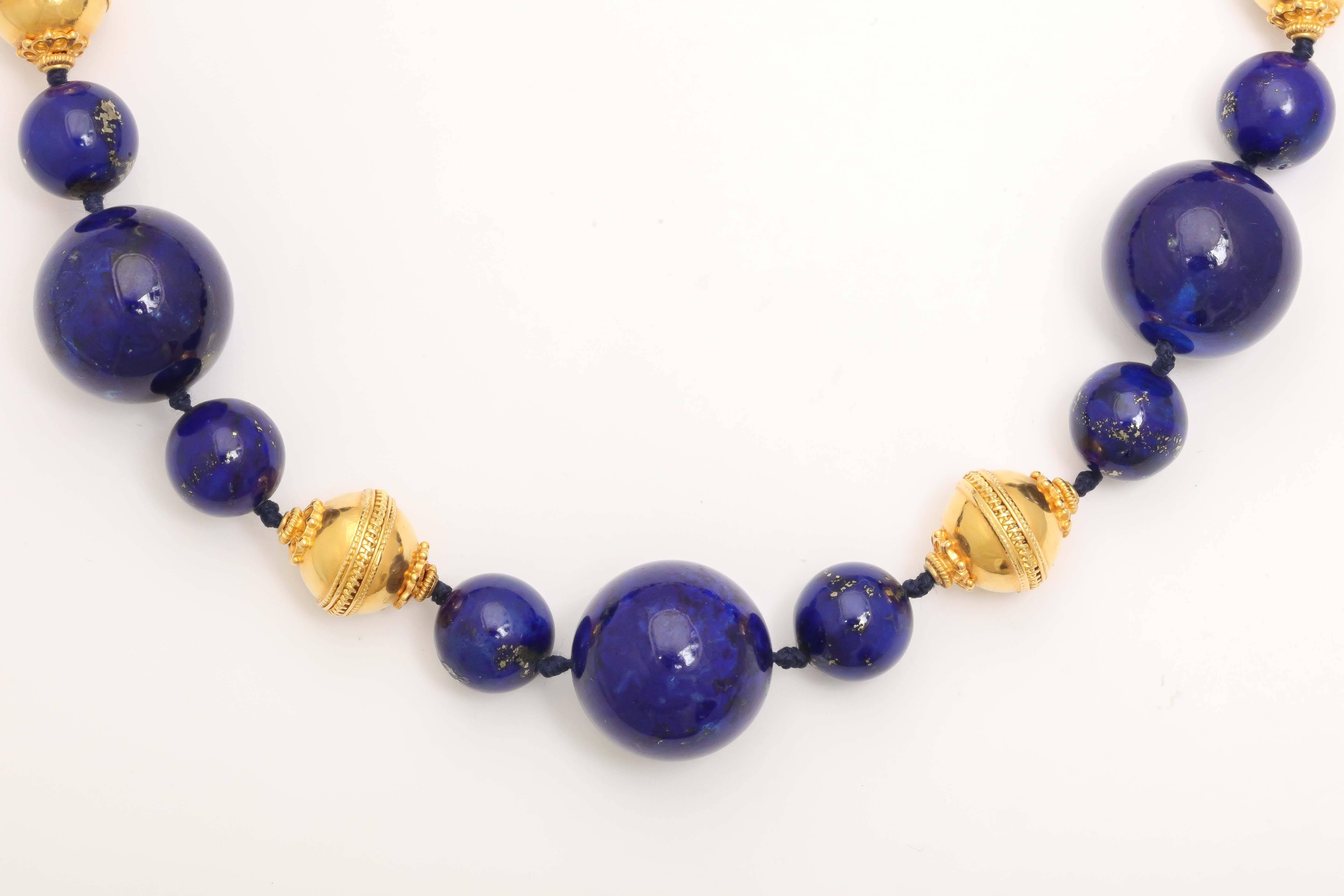 Russian Lapis Gold Bead Necklace In Excellent Condition In New York, NY