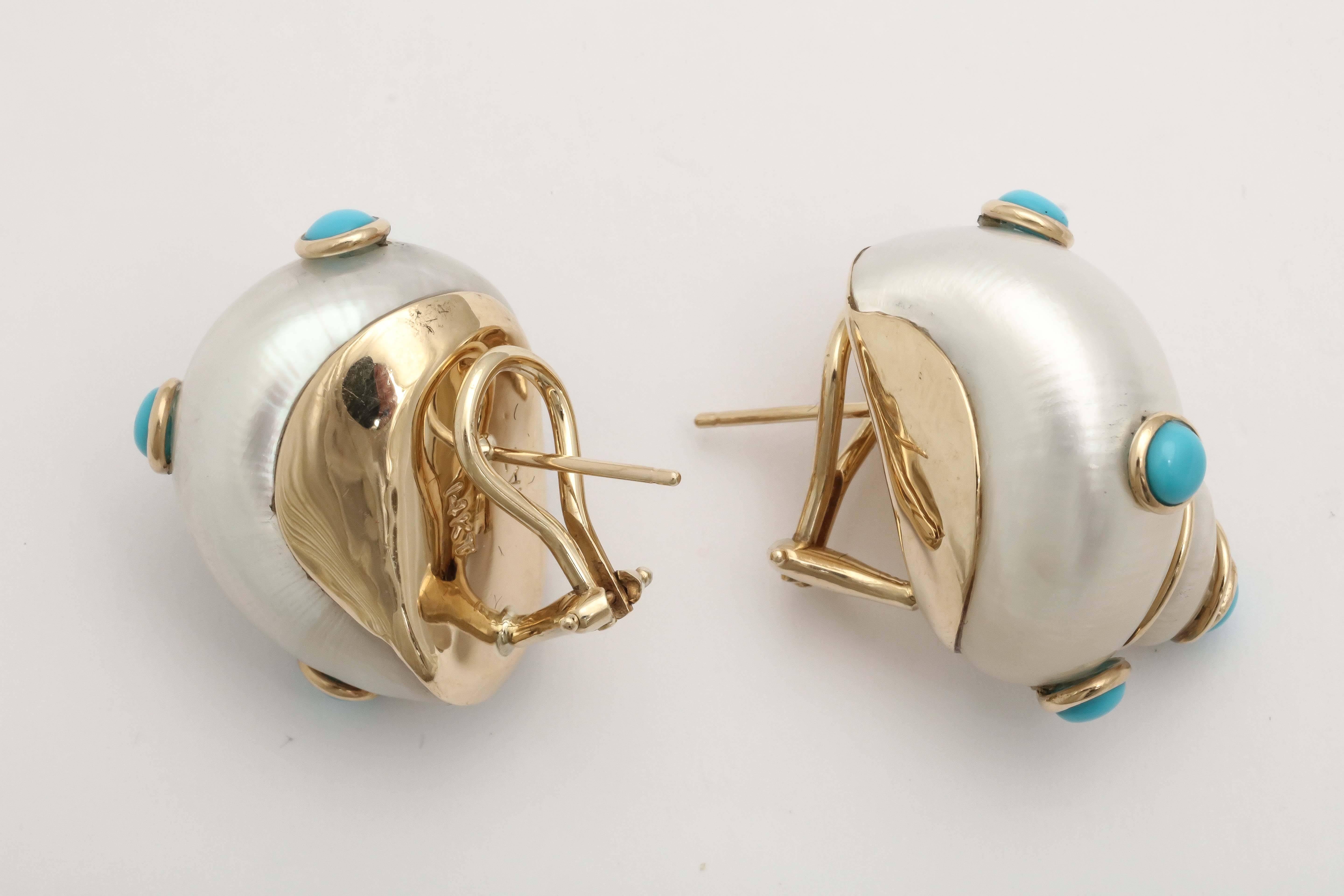 Modern Maz Turquoise Gold Studded Shell Earrings