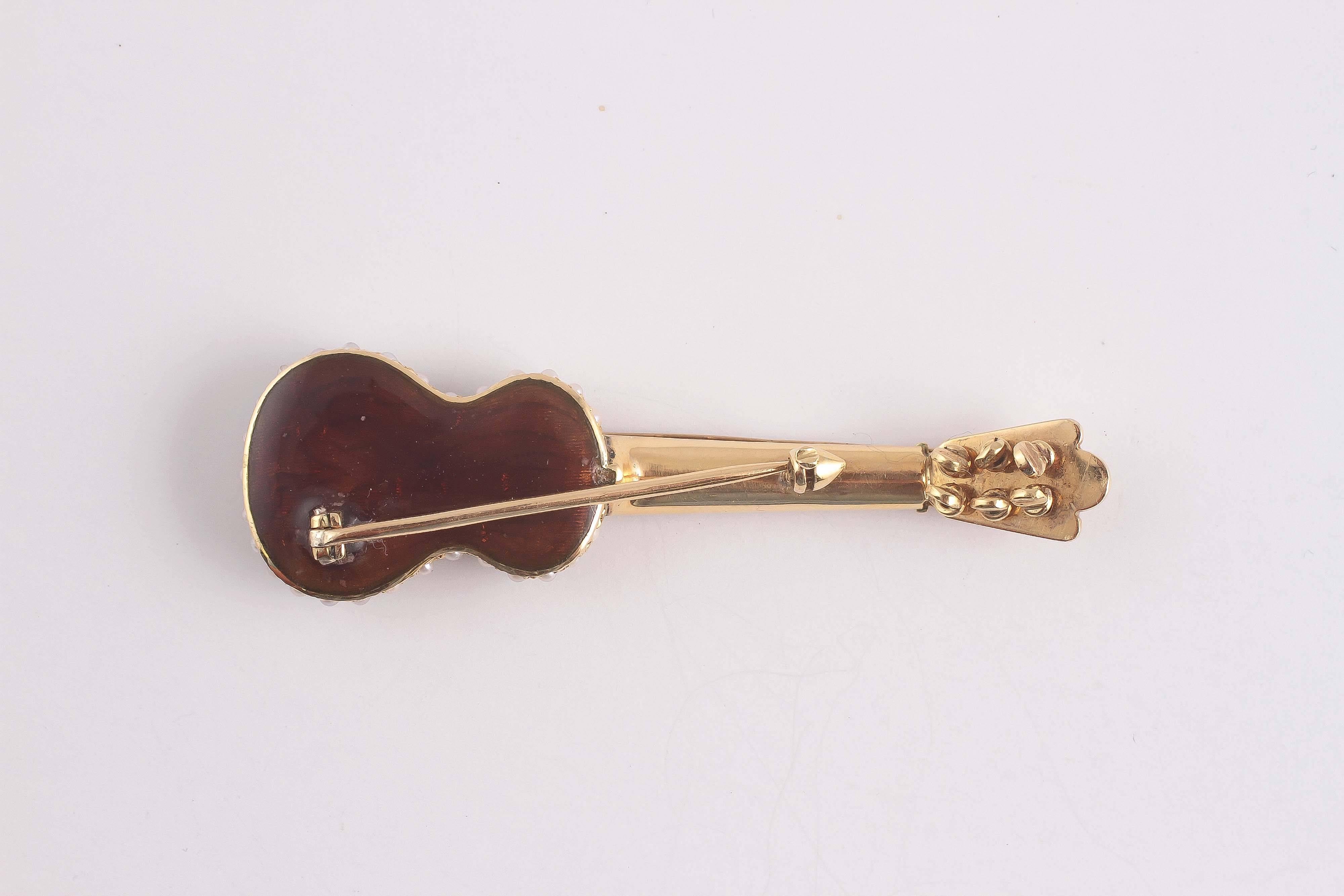 Women's Early 20th Century Enamel Seed Pearl Gold Guitar Pin