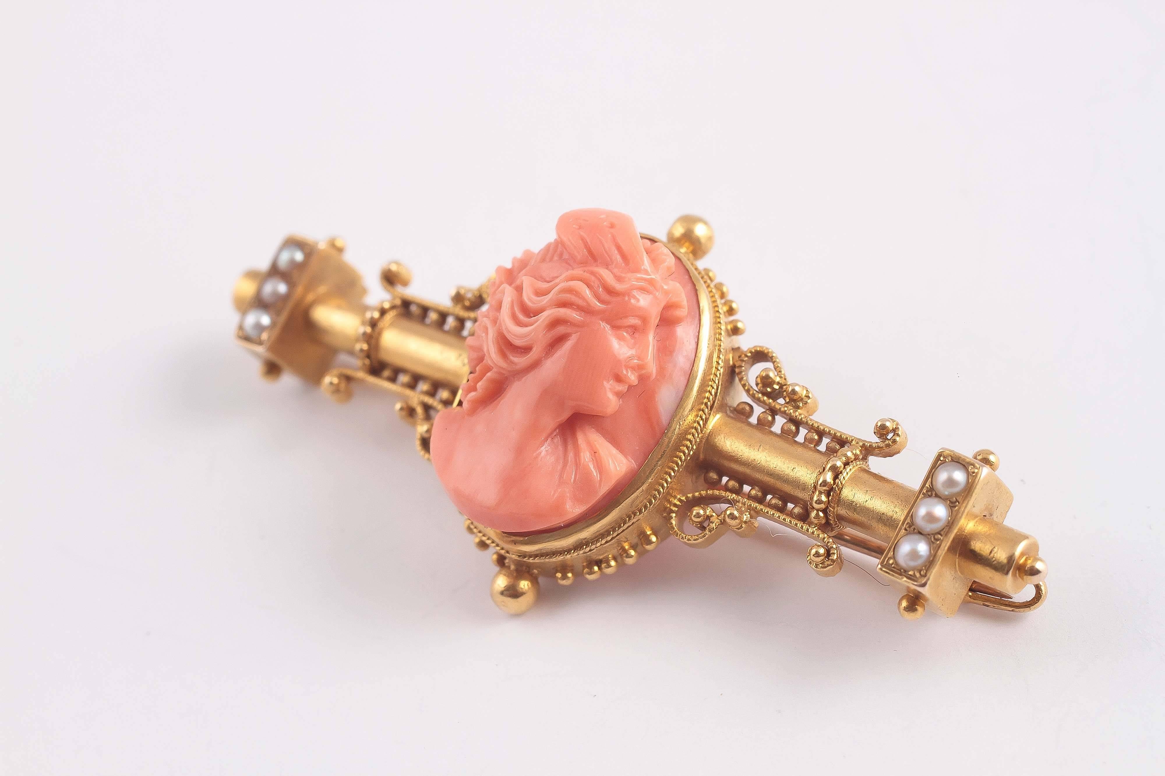 Victorian Carved Coral Pearl Cameo Gold Pin In Excellent Condition In Dallas, TX