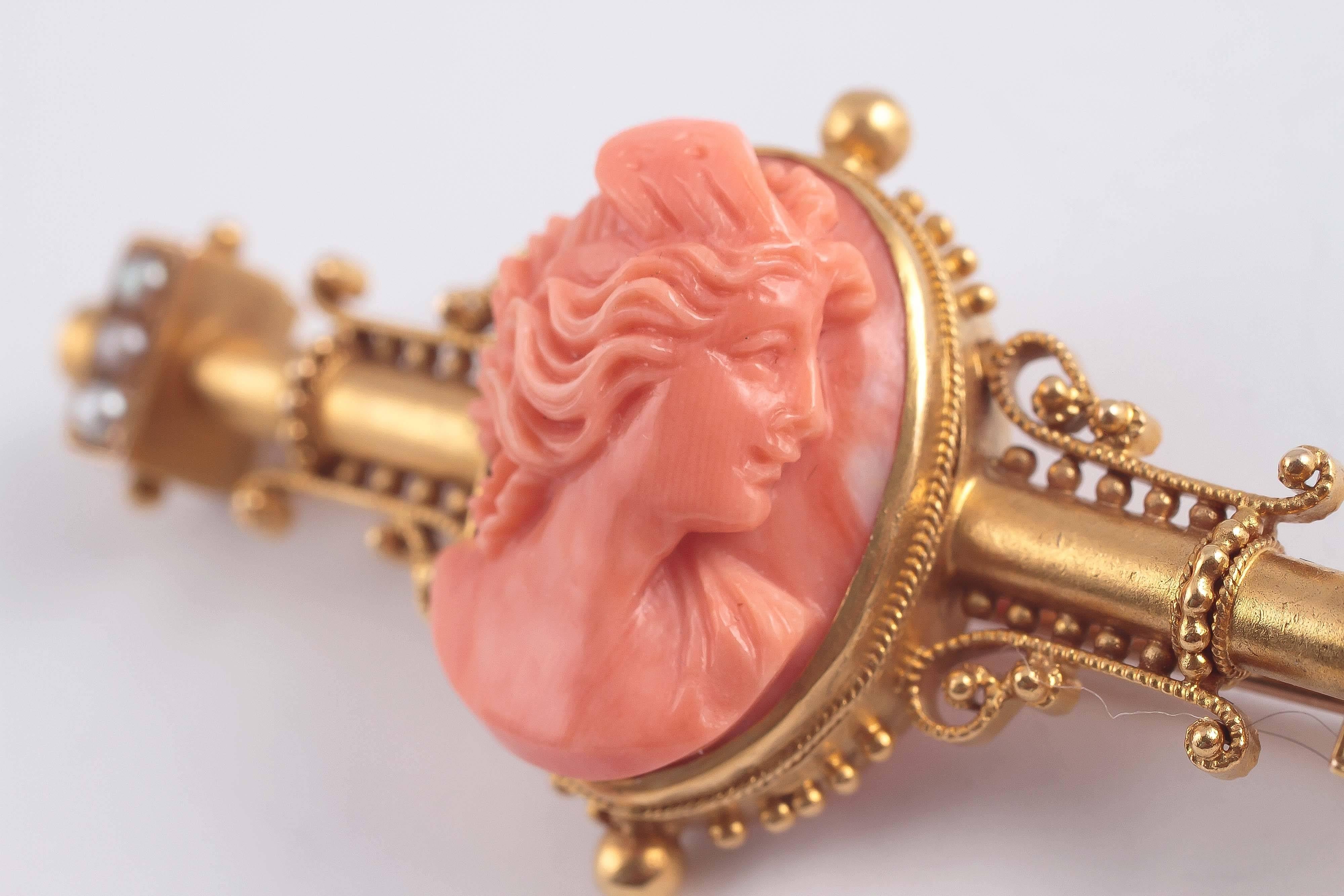 Victorian Carved Coral Pearl Cameo Gold Pin 2