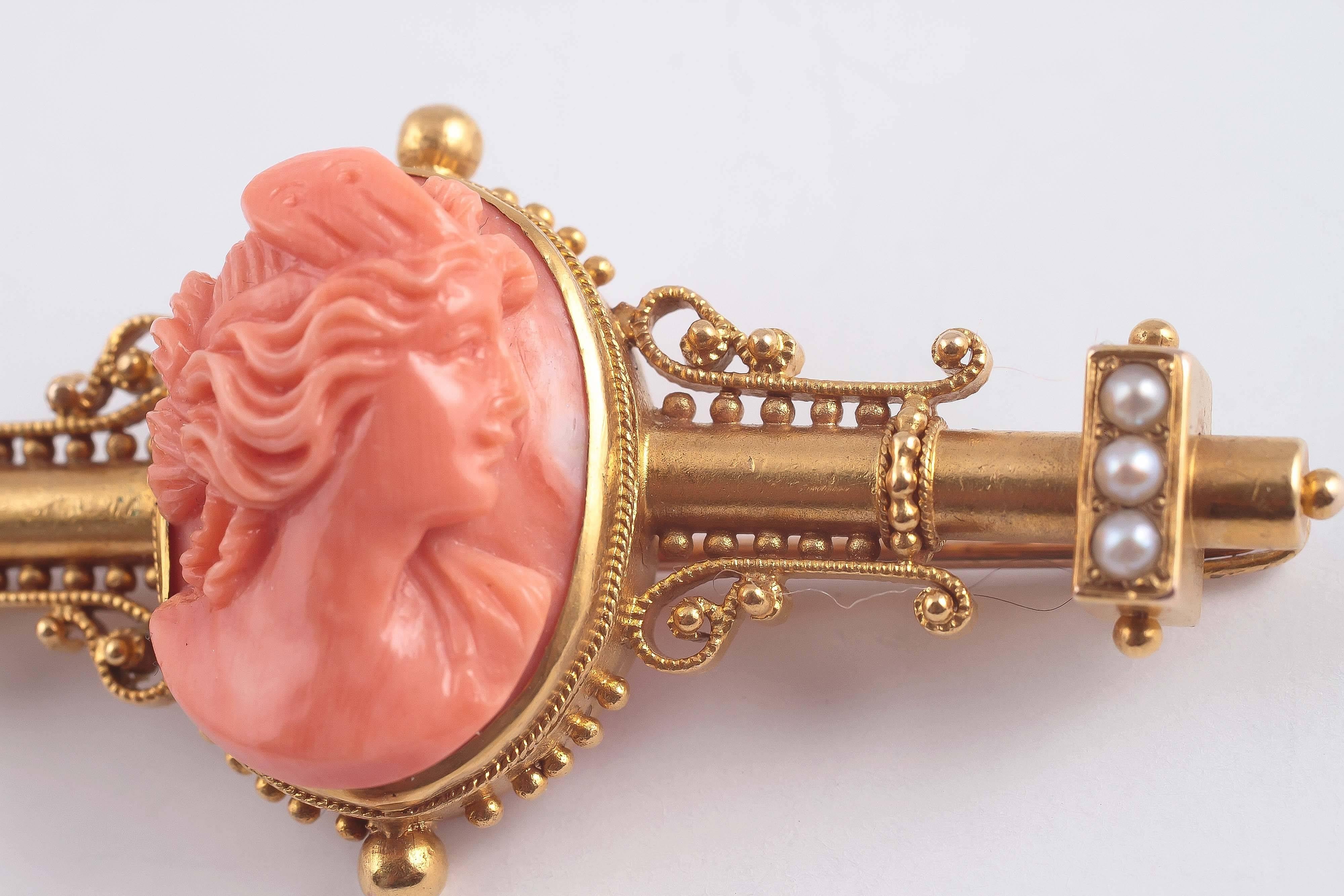 Victorian Carved Coral Pearl Cameo Gold Pin 4
