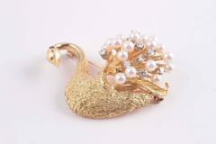Pearl Ruby Diamond Gold Swan Brooch
