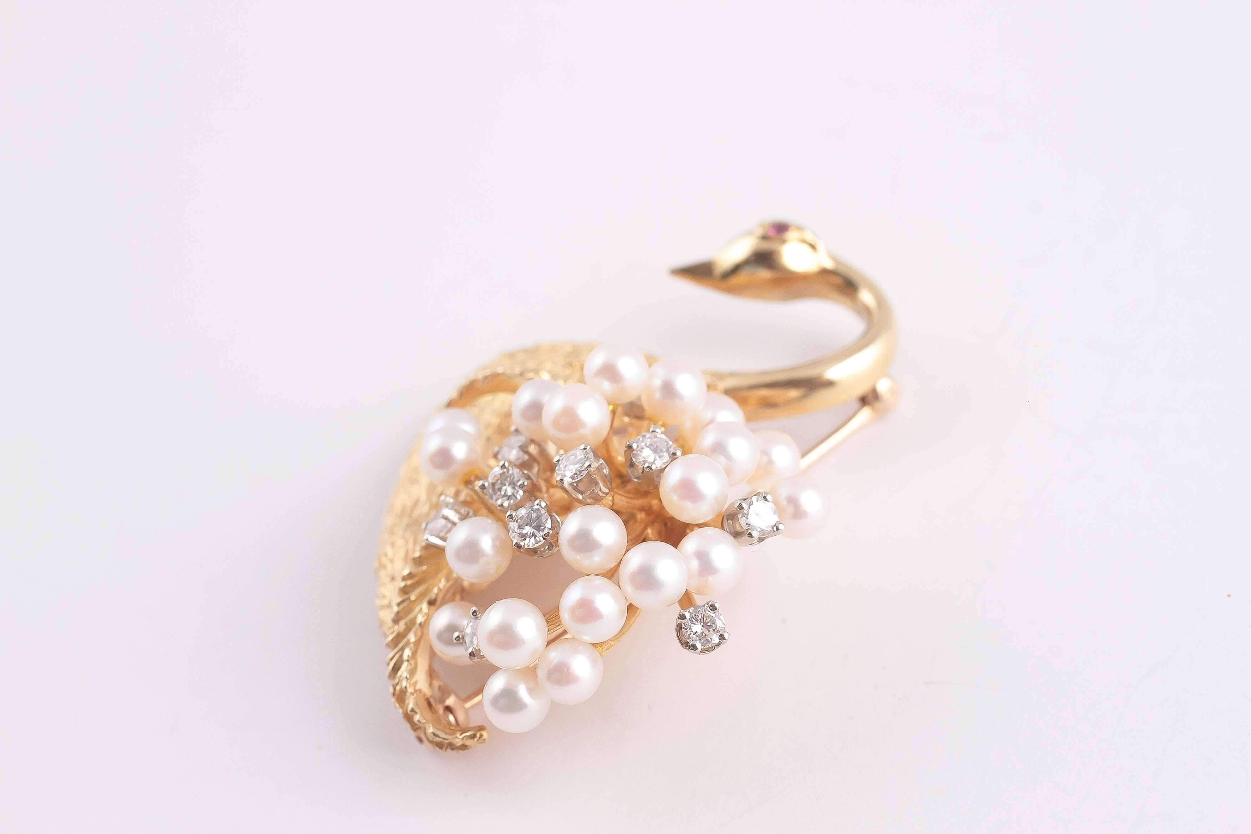 Contemporary Pearl Ruby Diamond Gold Swan Brooch 