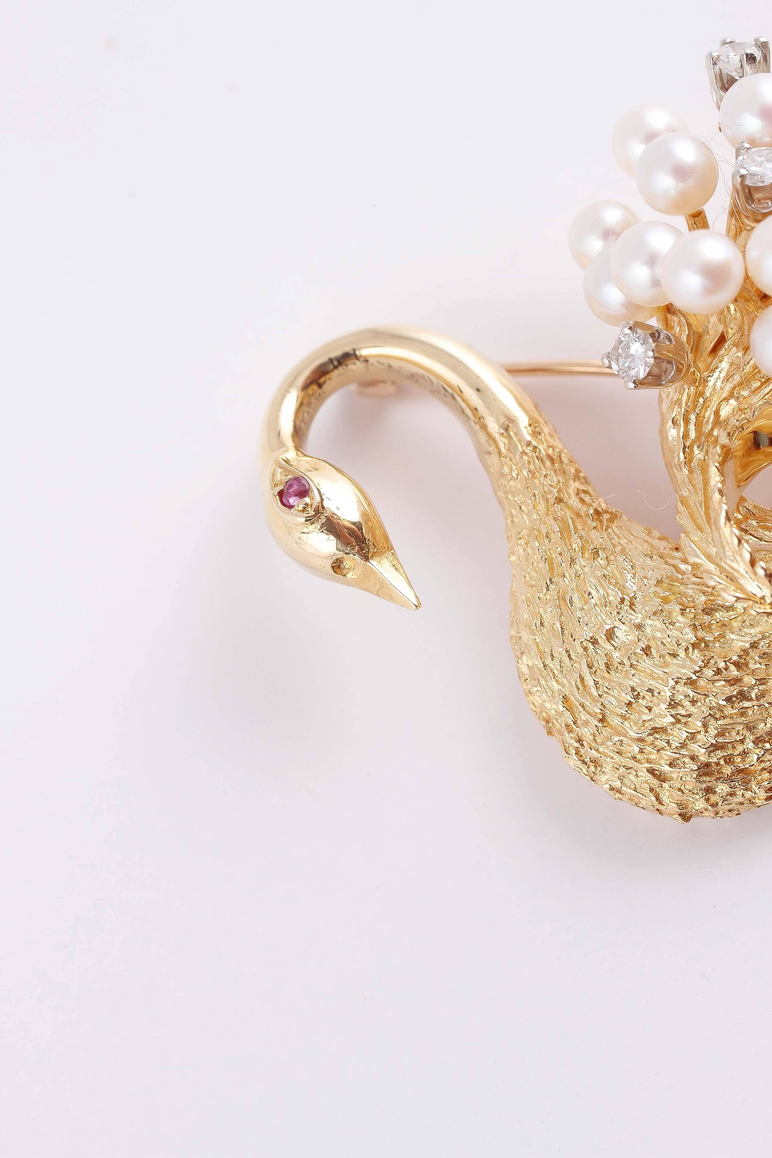 Women's Pearl Ruby Diamond Gold Swan Brooch 