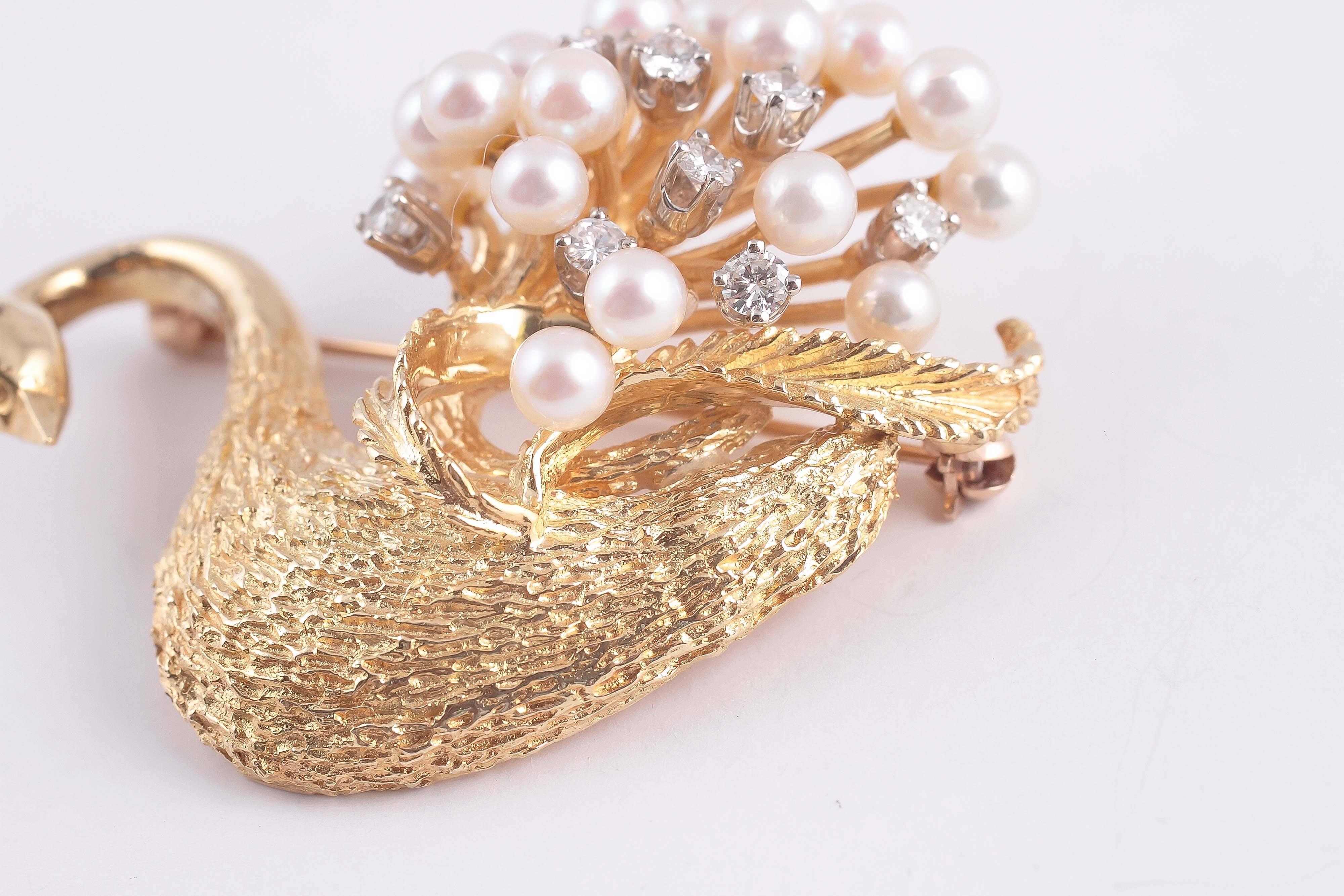 Pearl Ruby Diamond Gold Swan Brooch  2