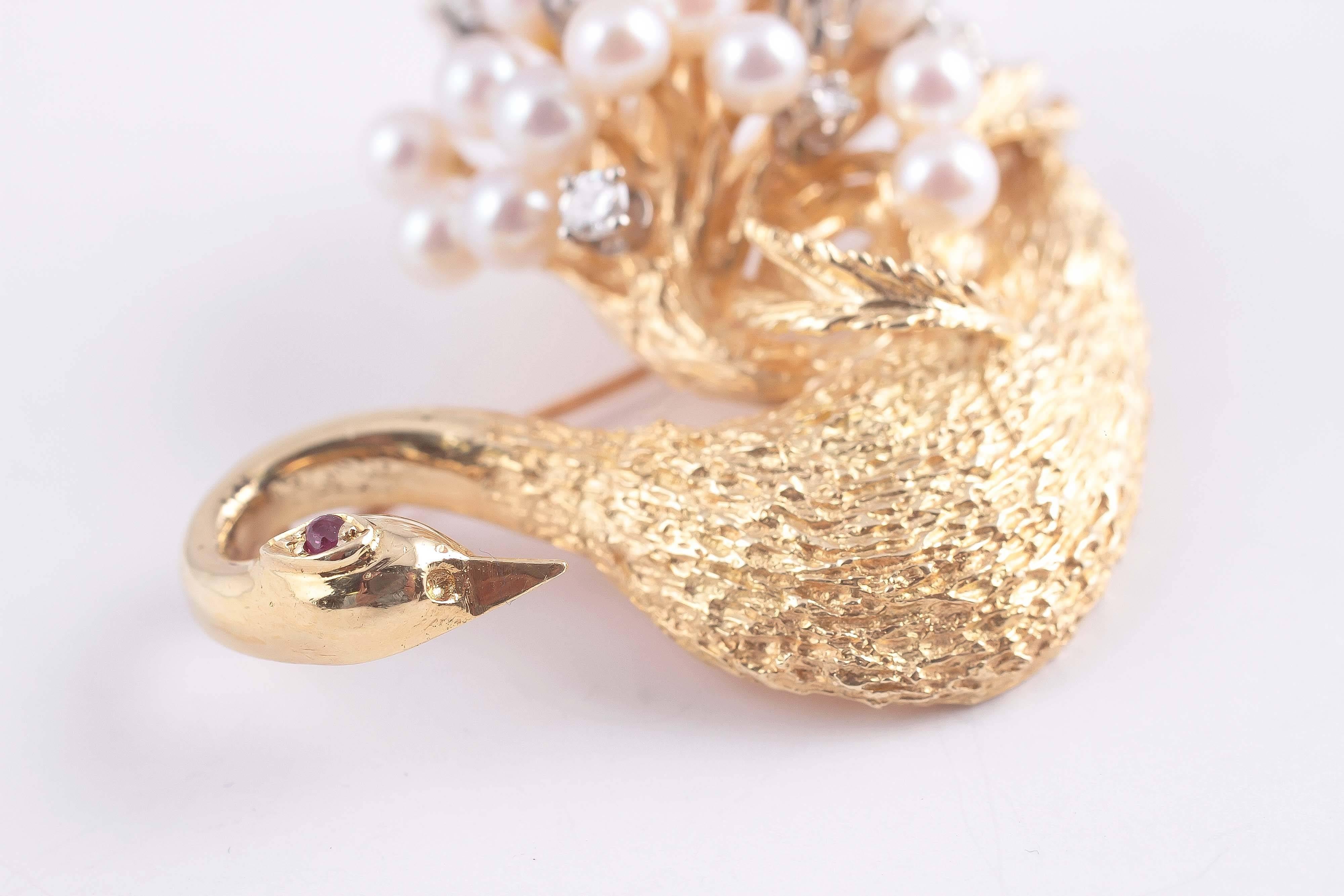 Pearl Ruby Diamond Gold Swan Brooch  3
