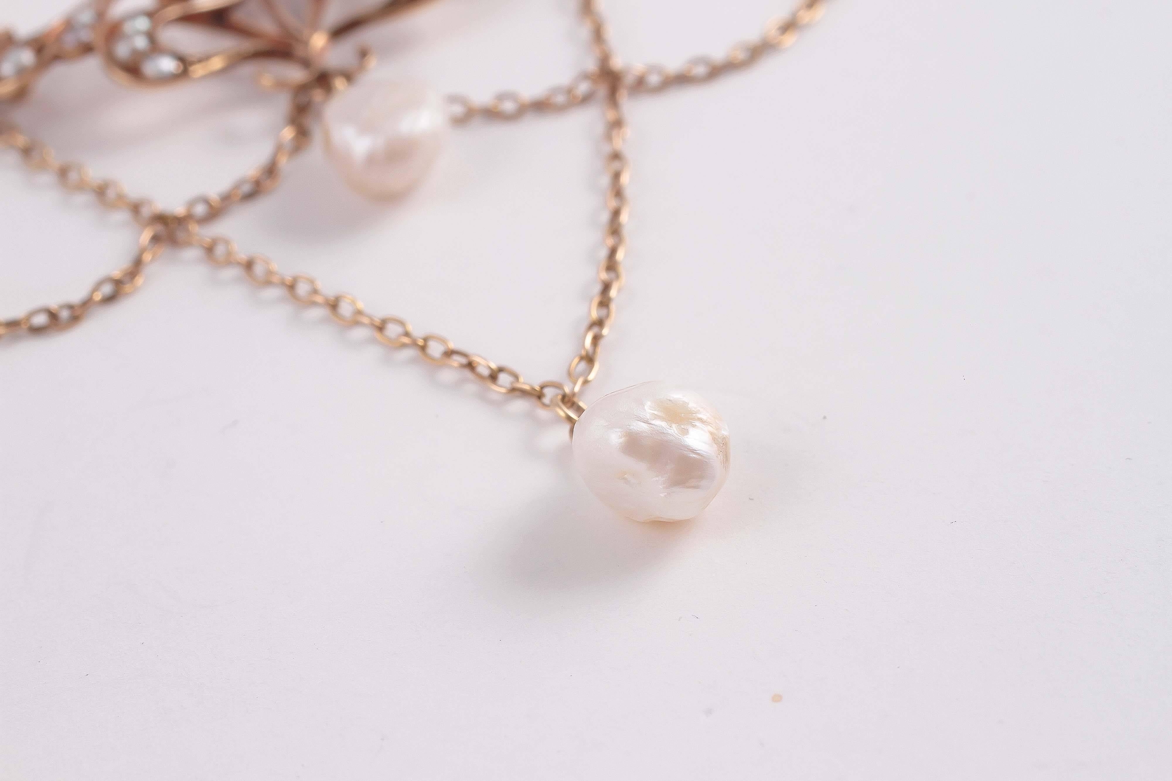 Delicate American Art Nouveau Natural Fresh-Water Pearl Gold Necklace 1