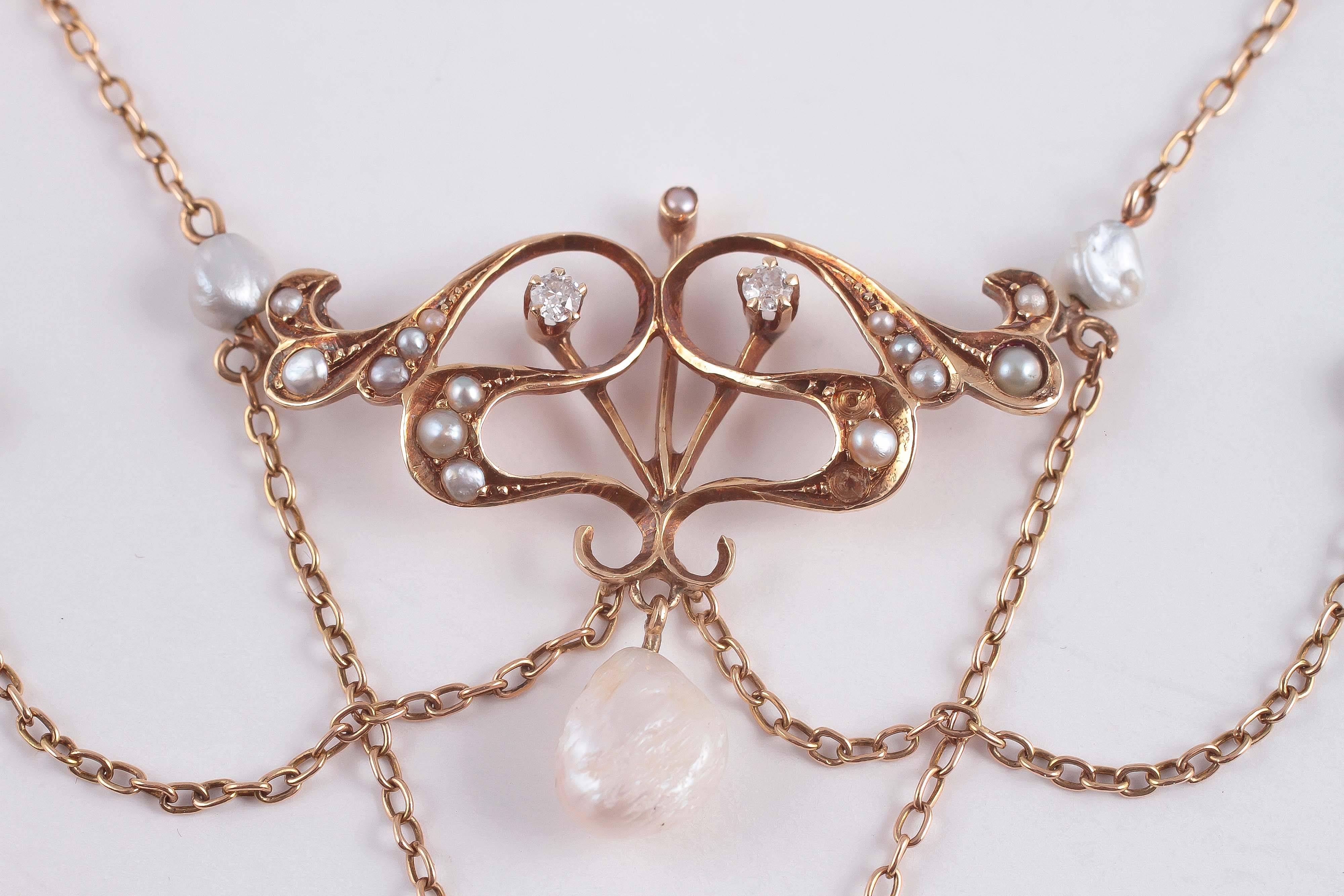 Delicate American Art Nouveau Natural Fresh-Water Pearl Gold Necklace 4