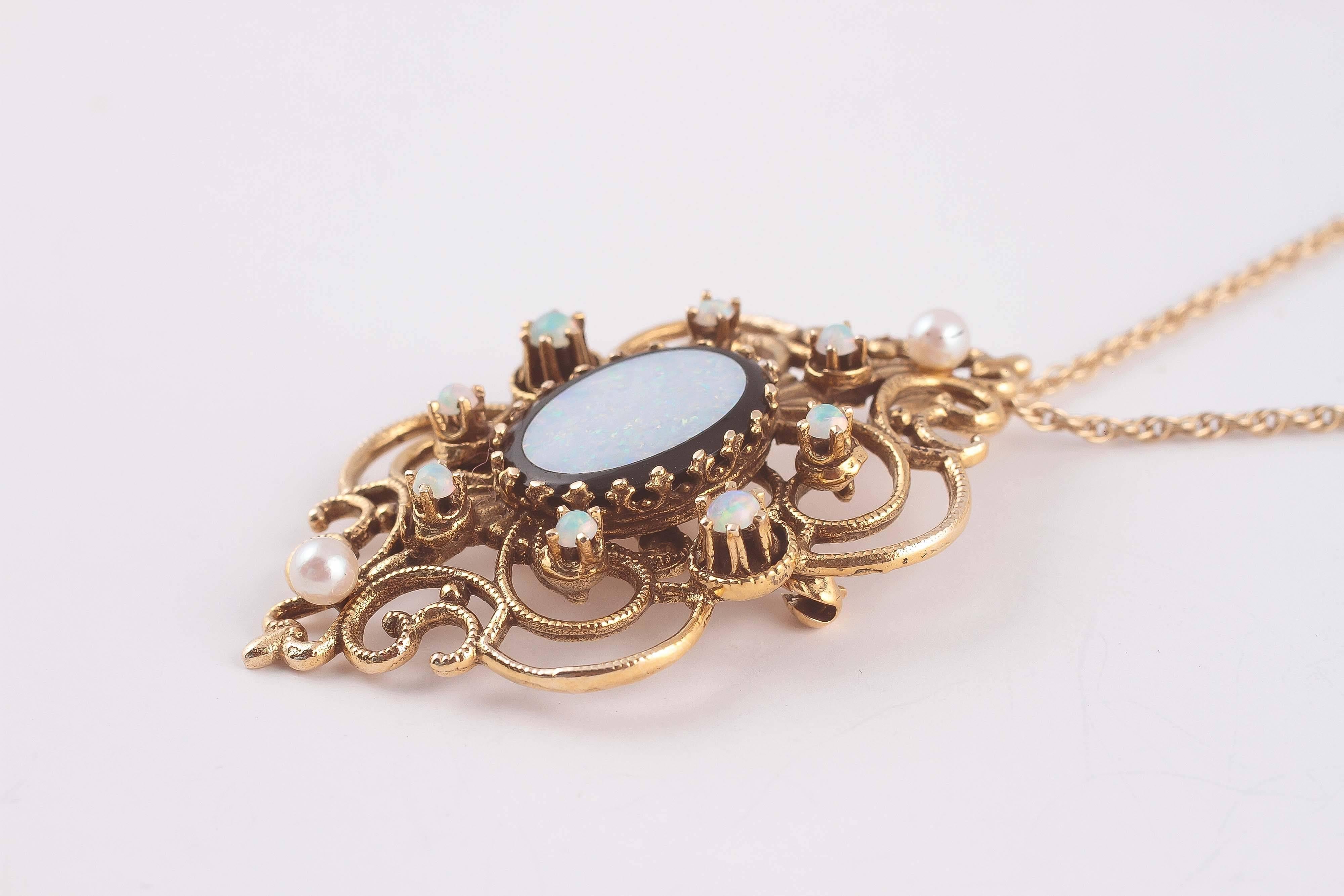 Cabochon Opal Pearl Gold Pin Pendant with Gold Chain For Sale